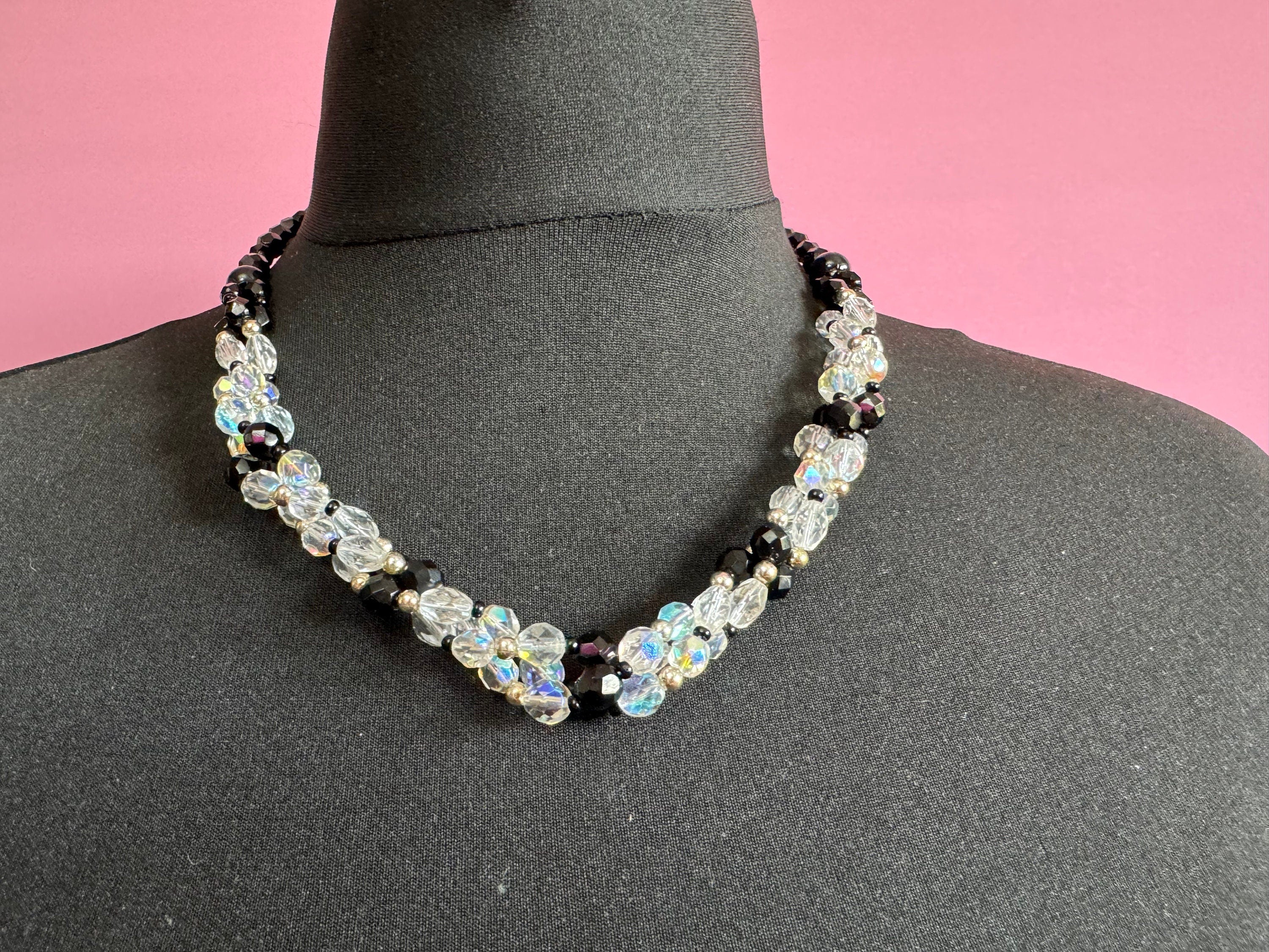Art Deco Diamanté Beaded Necklace: Black & Clear Glass, Gatsby Style