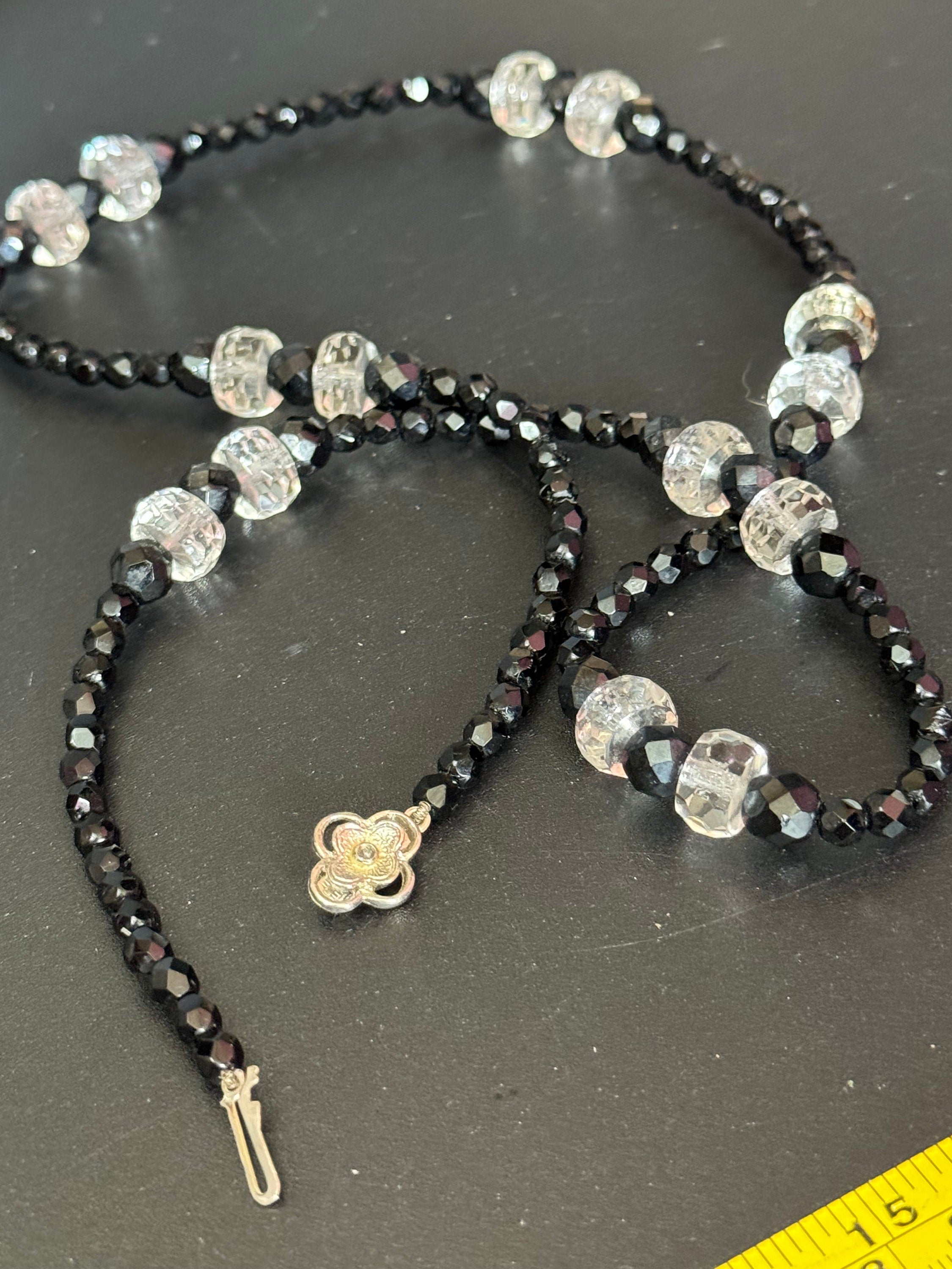 Vintage faceted black and clear glass beaded bead necklace rhinestone clasp 70cm monochrome