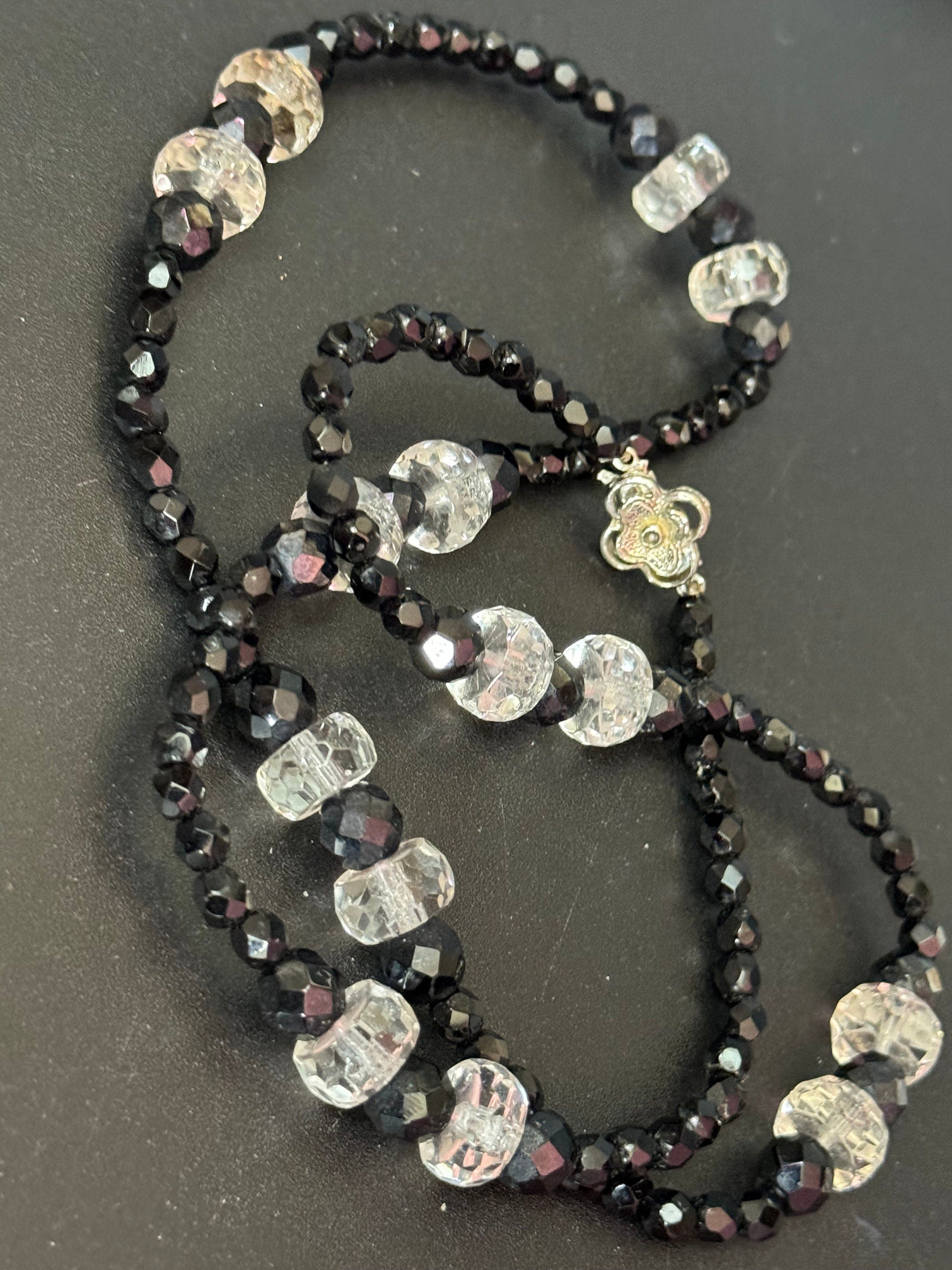 Vintage faceted black and clear glass beaded bead necklace rhinestone clasp 70cm monochrome