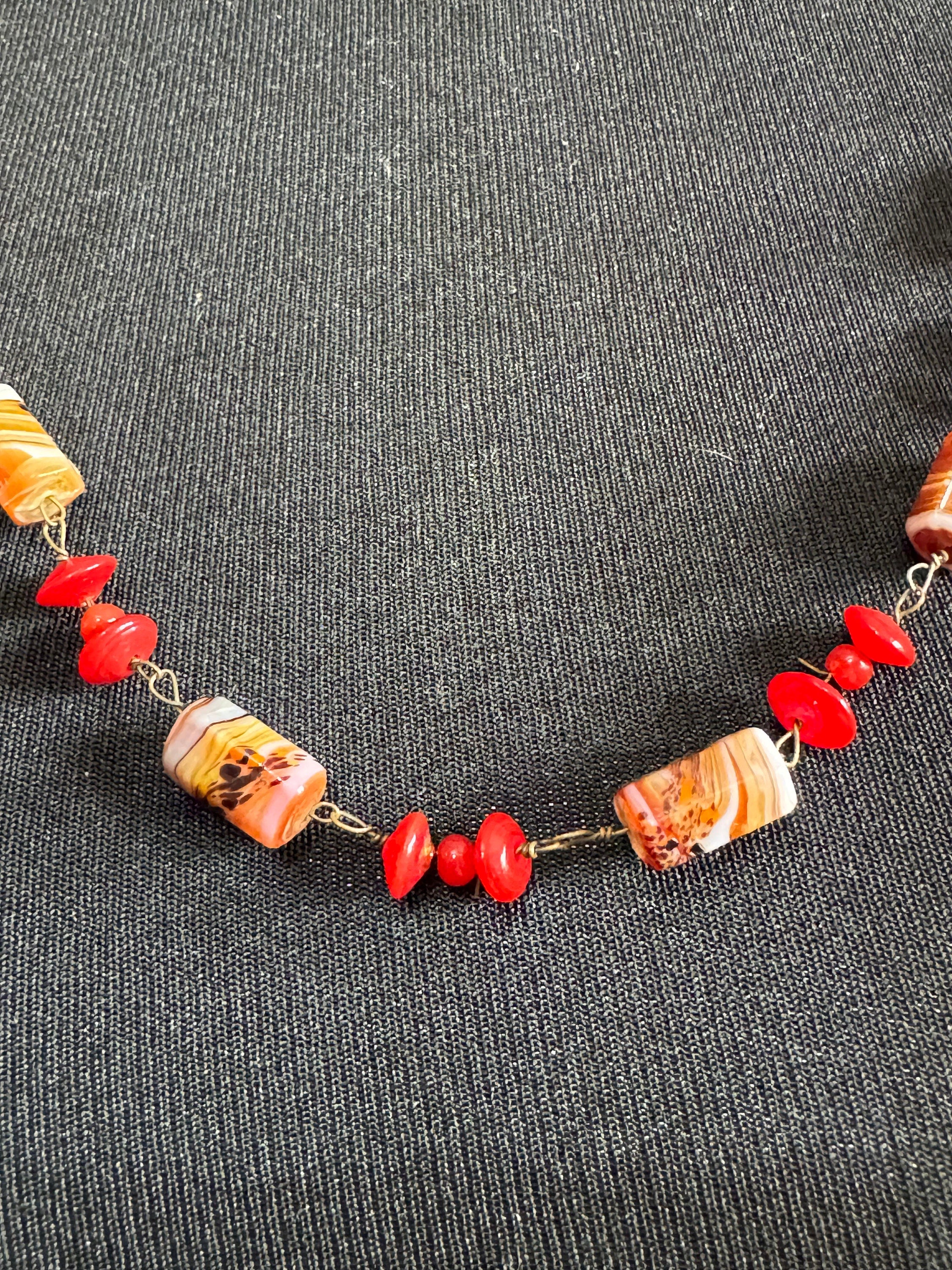 Vintage red orange white glass ceramic beaded gilt metal chain link long end of day bead necklace 72cm