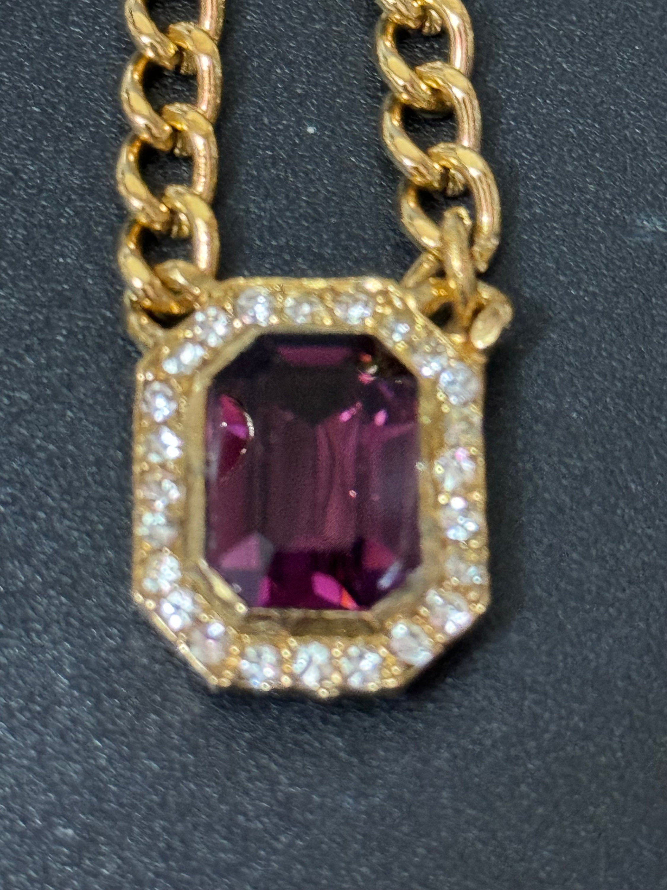 Vintage 1980s Swarovski crystal set amethyst purple and clear diamanté octagonal pendant necklace gold tone high end old shop stock