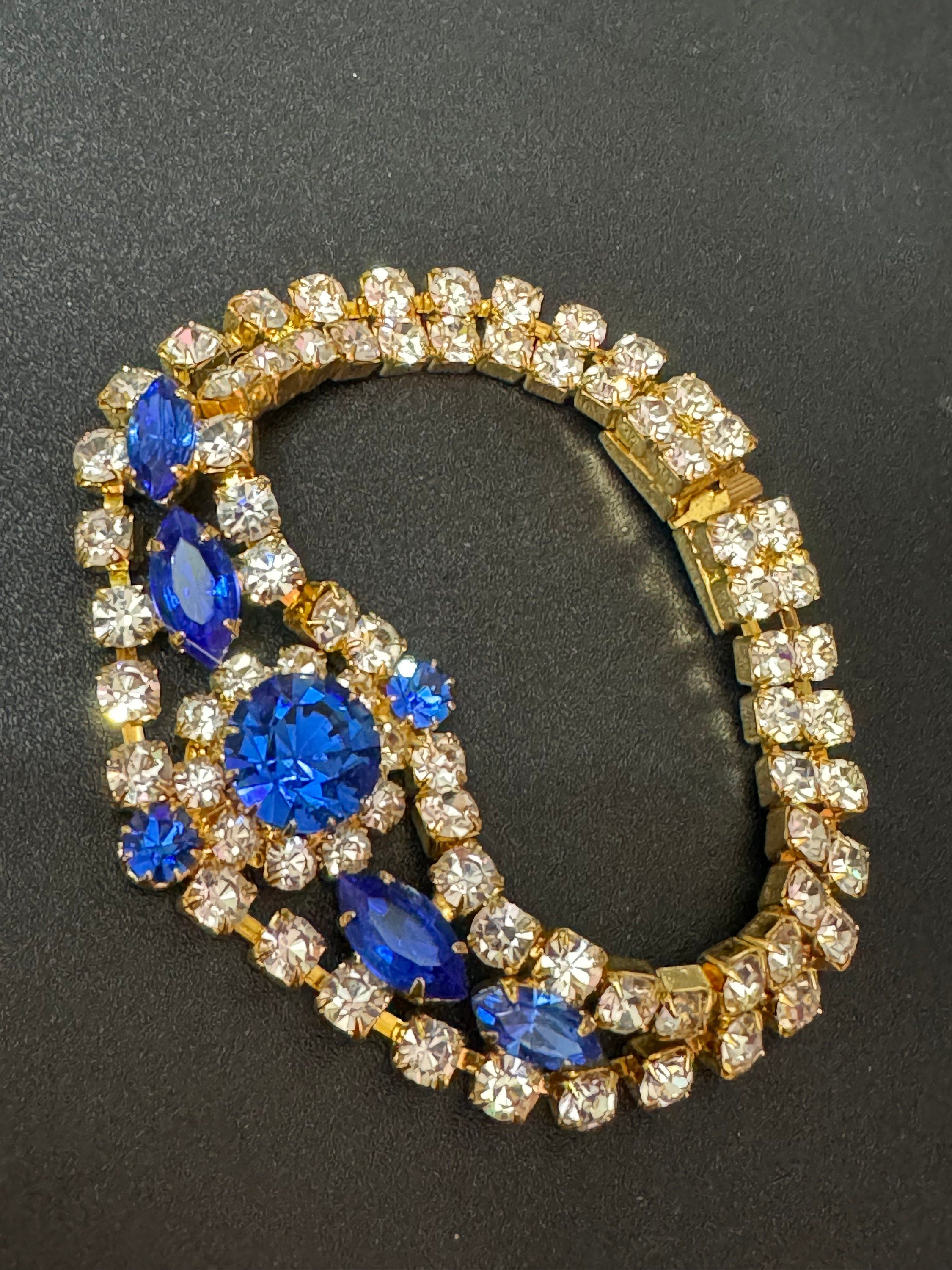 Vintage Diamanté silver tone sapphire blue glass rhinestone cocktail Bracelet