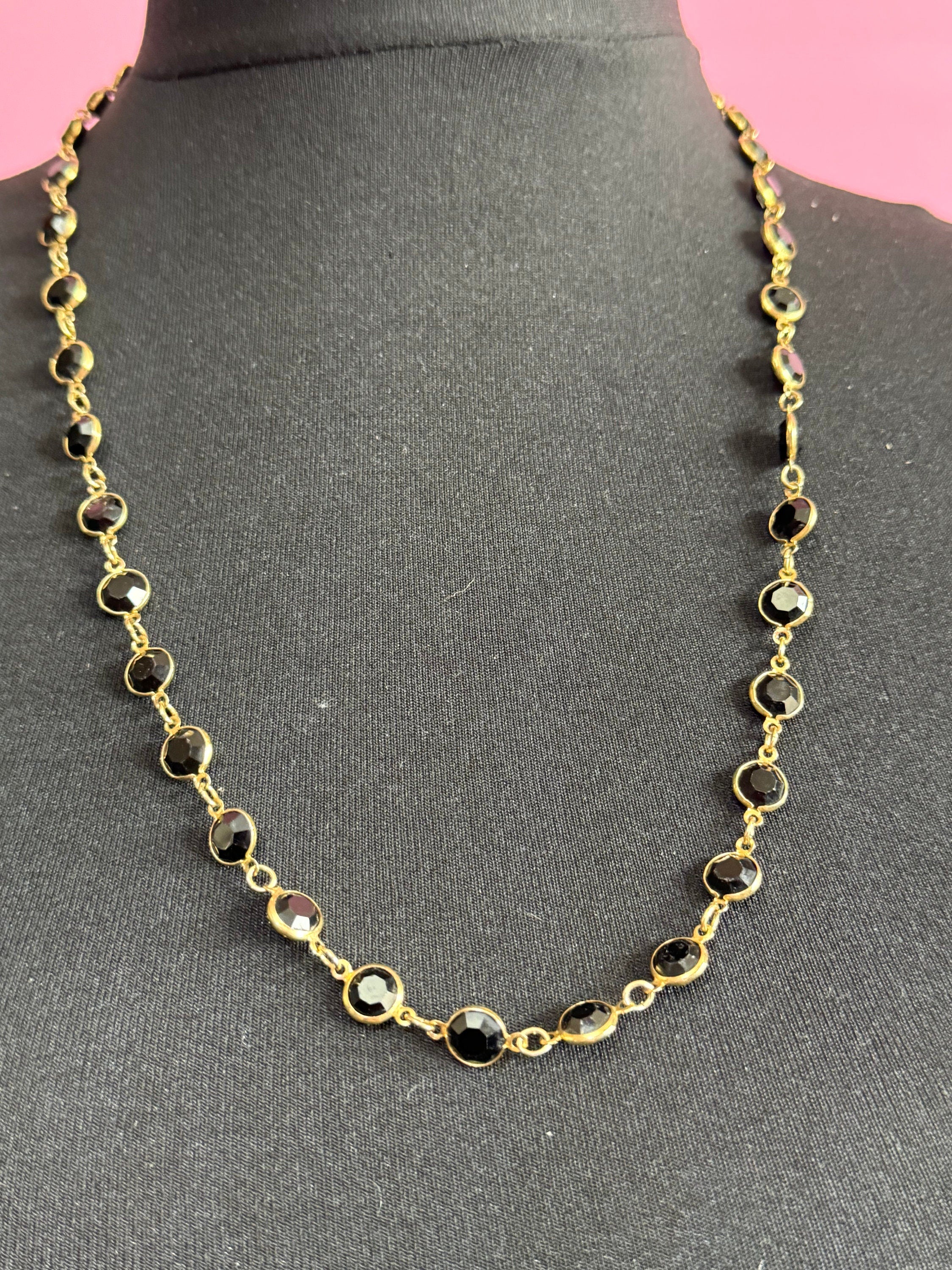 Retro Black Glass Crystal Rivière Necklace - Gold Tone Chain