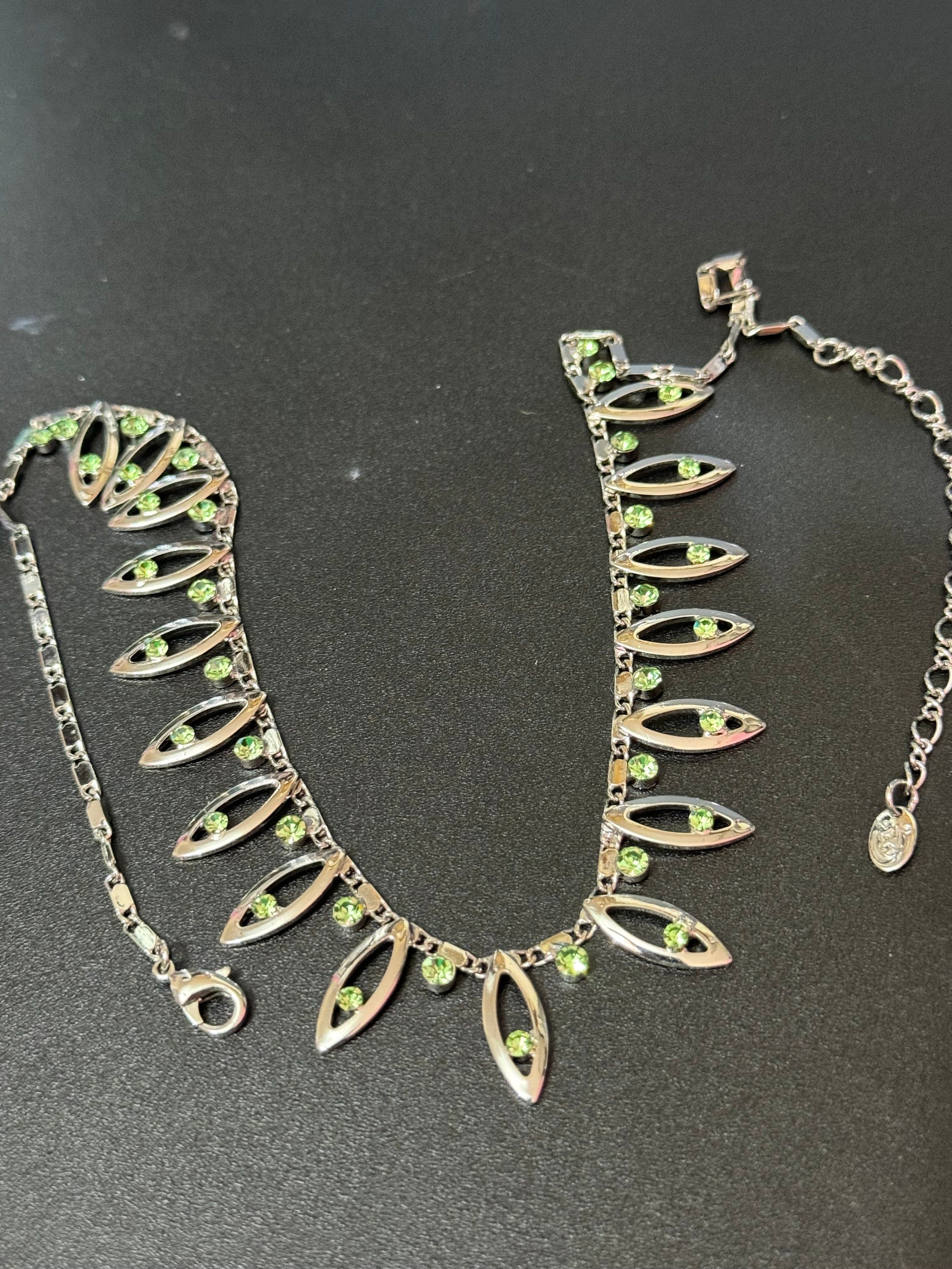 retro diamanté emerald light green rhinestone crystal silver tone party cocktail necklace 42-50cm