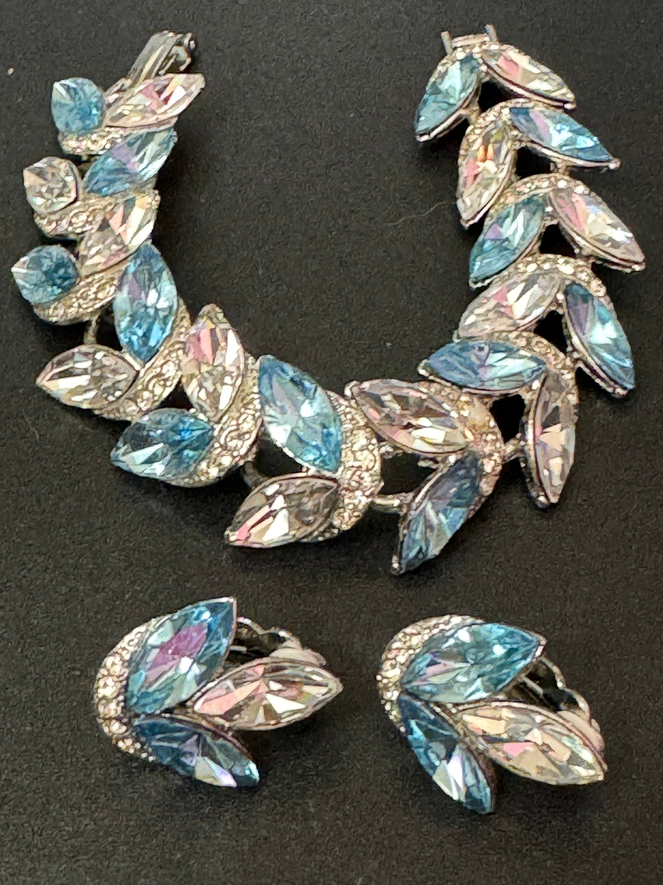 80s retro Diamanté silver tone chunky light sapphire blue glass rhinestone cocktail Bracelet and matching clip on earrings jewellery set
