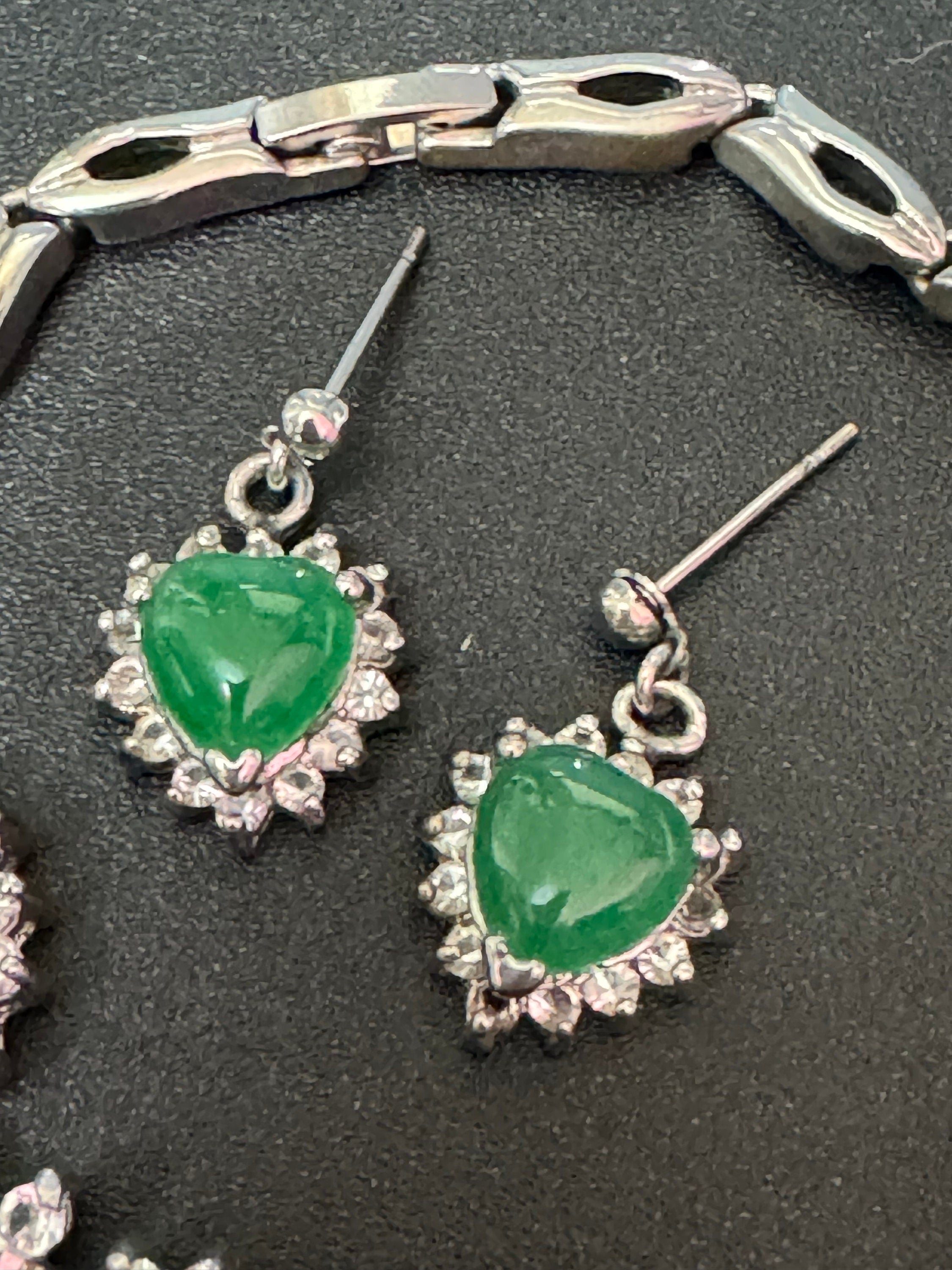 retro emerald green jade cabochon diamanté Crystal silver tone tennis bracelet and matching heart earrings pierced