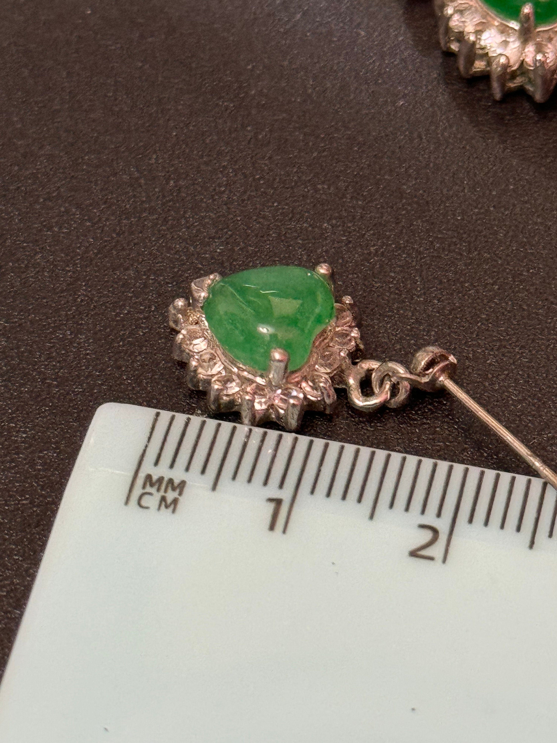 retro emerald green jade cabochon diamanté Crystal silver tone tennis bracelet and matching heart earrings pierced