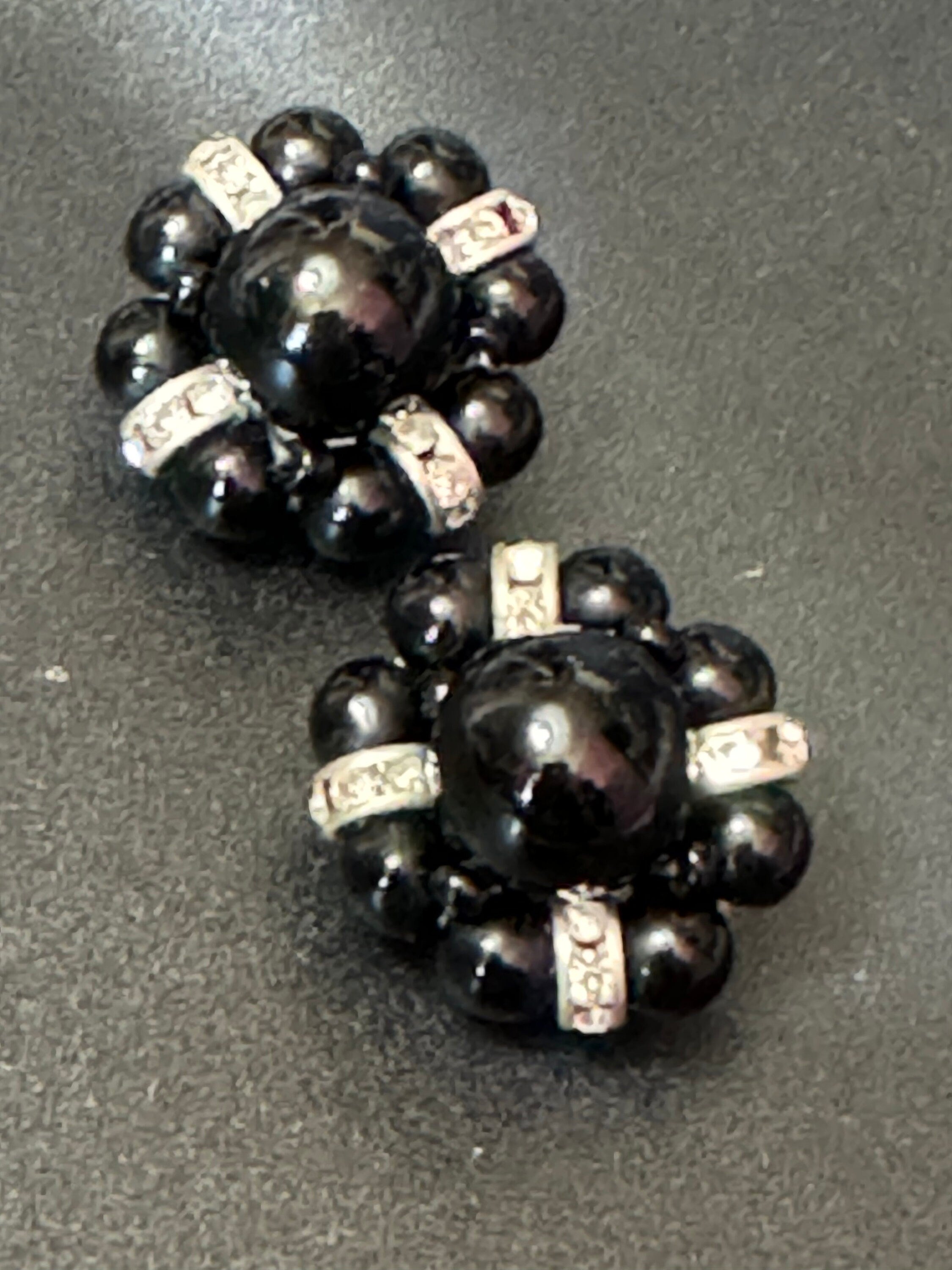 Black and clear monochrome diamanté round beaded cluster Clip On Earrings studs silver tone
