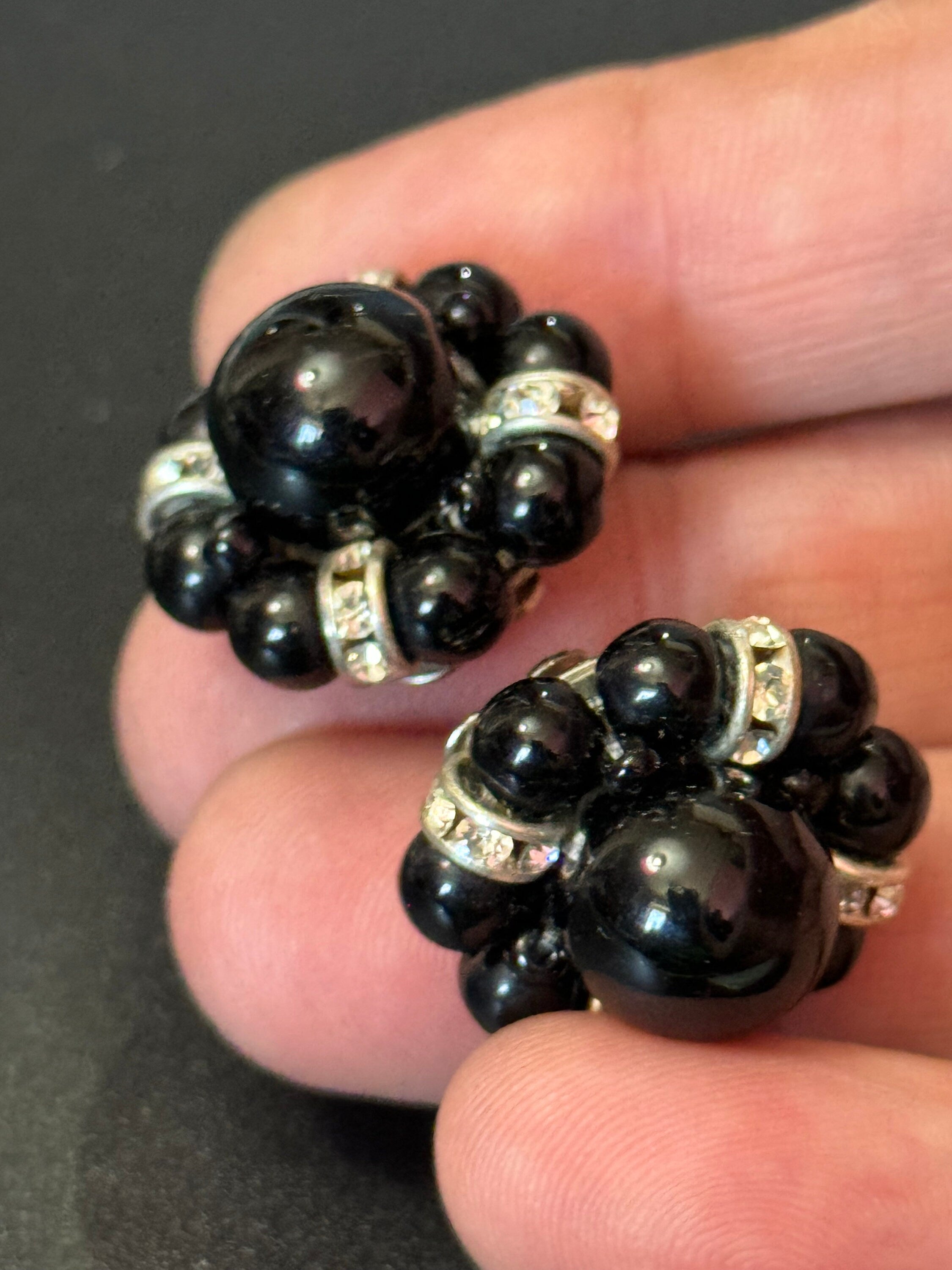 Black and clear monochrome diamanté round beaded cluster Clip On Earrings studs silver tone