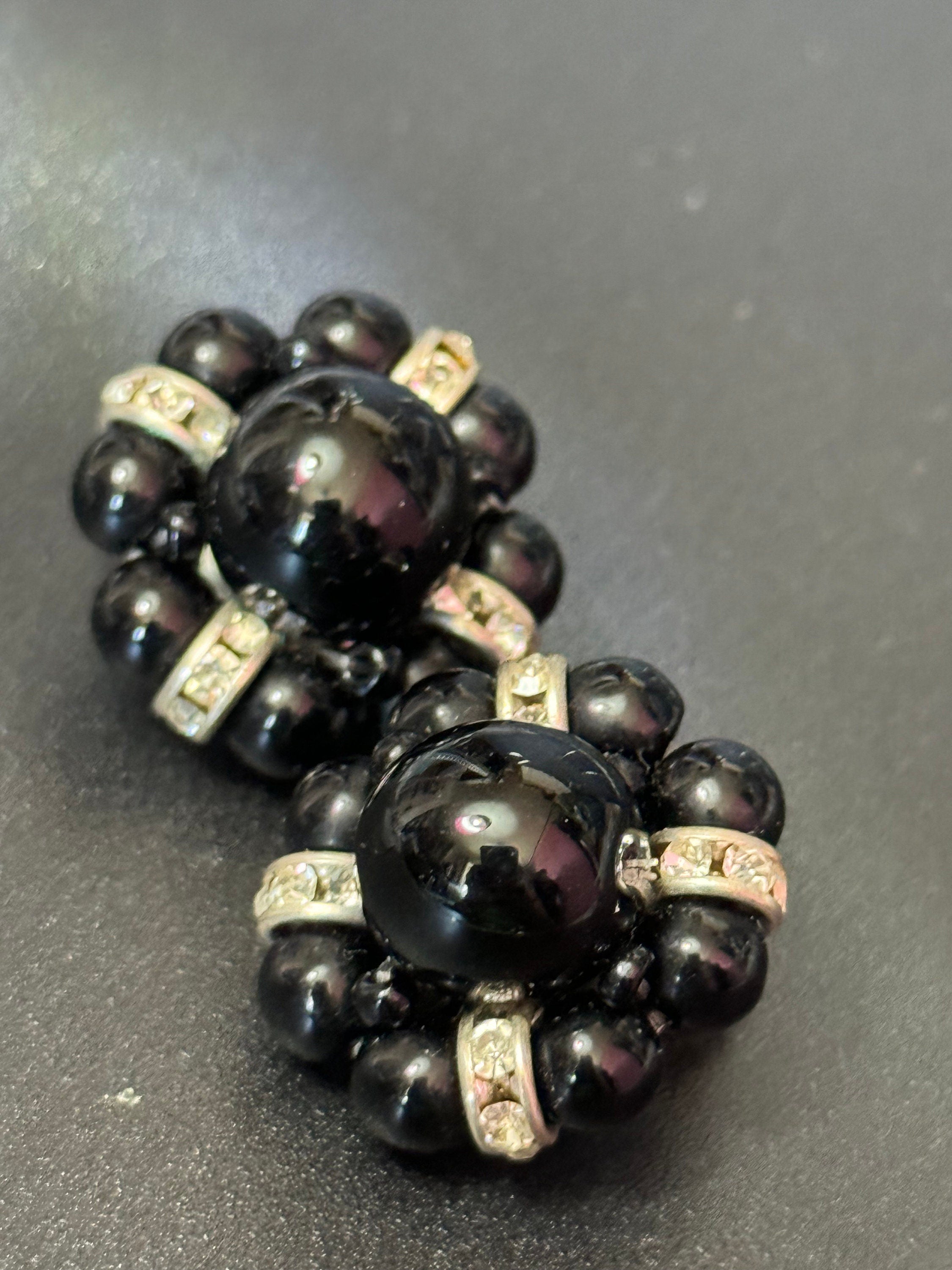 Black and clear monochrome diamanté round beaded cluster Clip On Earrings studs silver tone