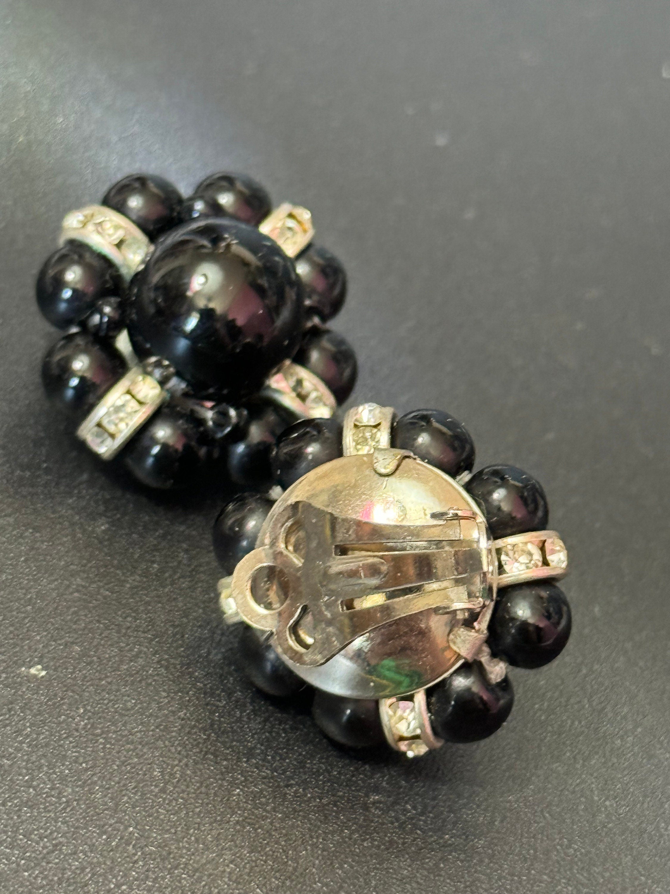 Black and clear monochrome diamanté round beaded cluster Clip On Earrings studs silver tone