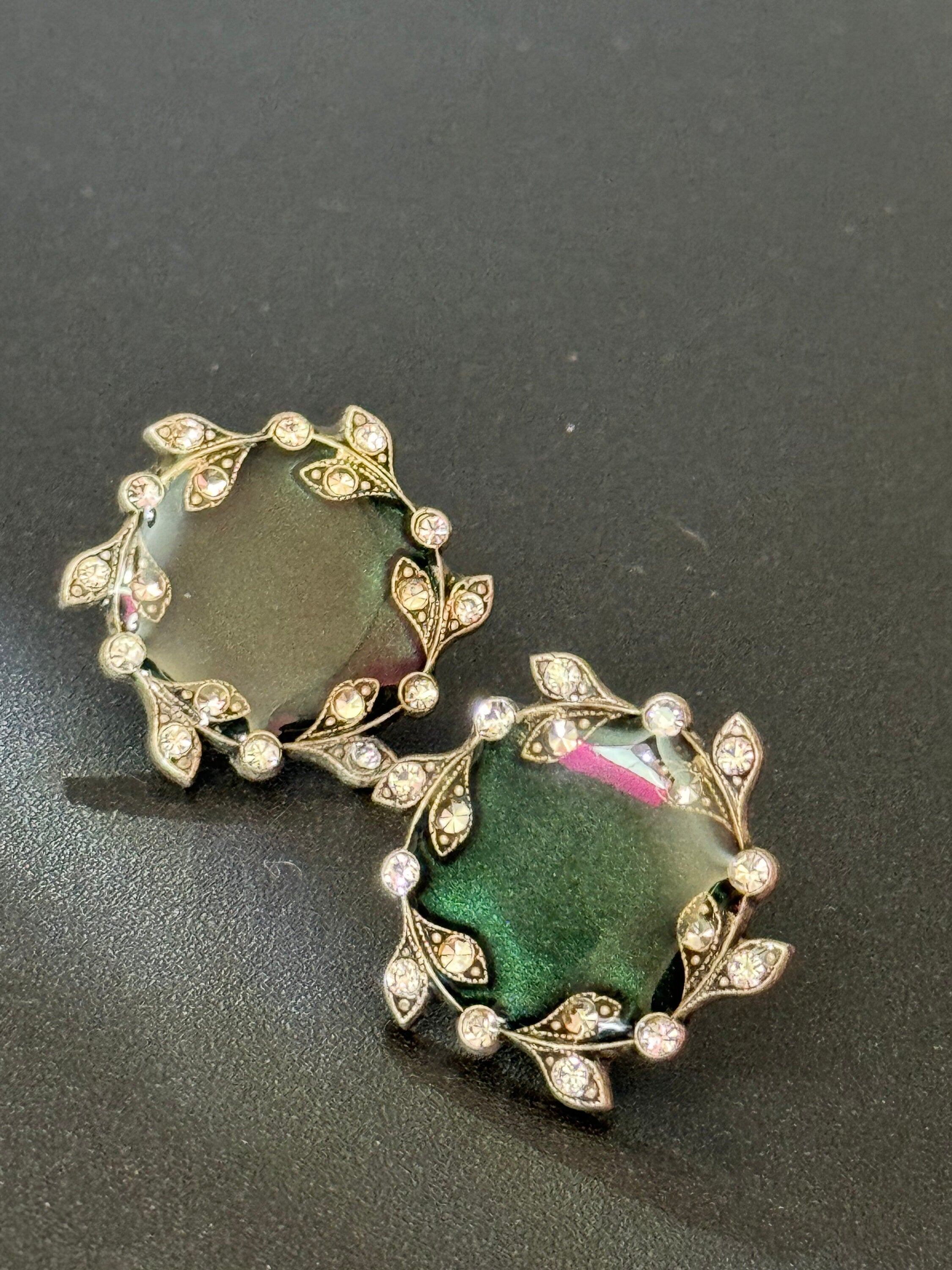 Dark Green Enamel Diamanté Clip On Earrings - Silver Tone