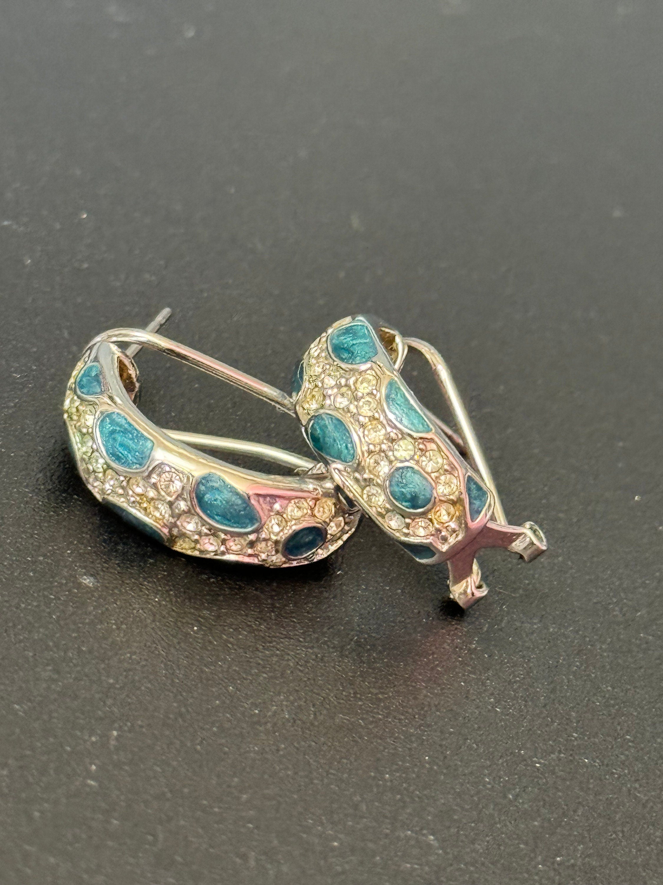 small diamanté blue enamel hoop earrings silver tone pierced ears