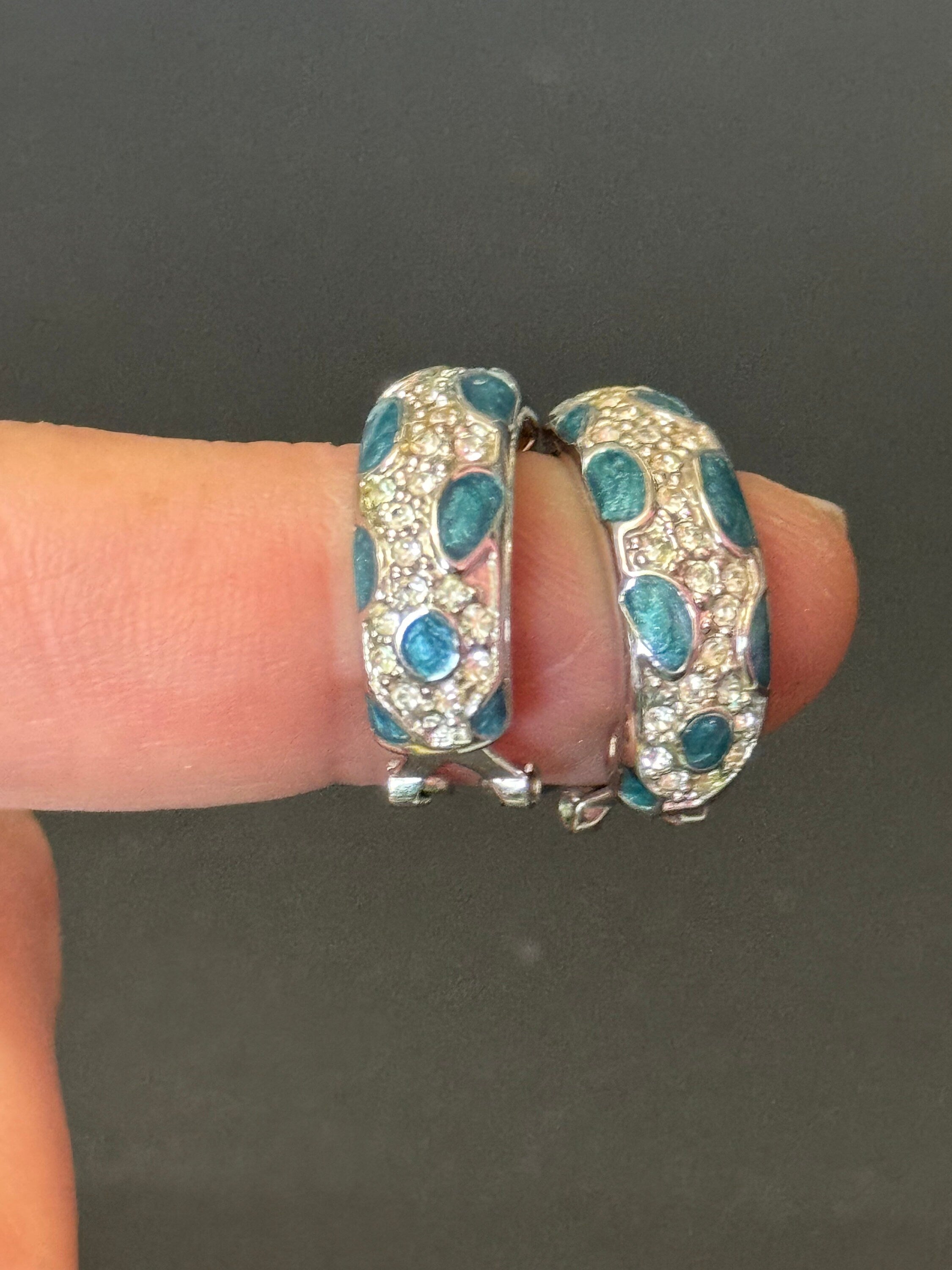 small diamanté blue enamel hoop earrings silver tone pierced ears