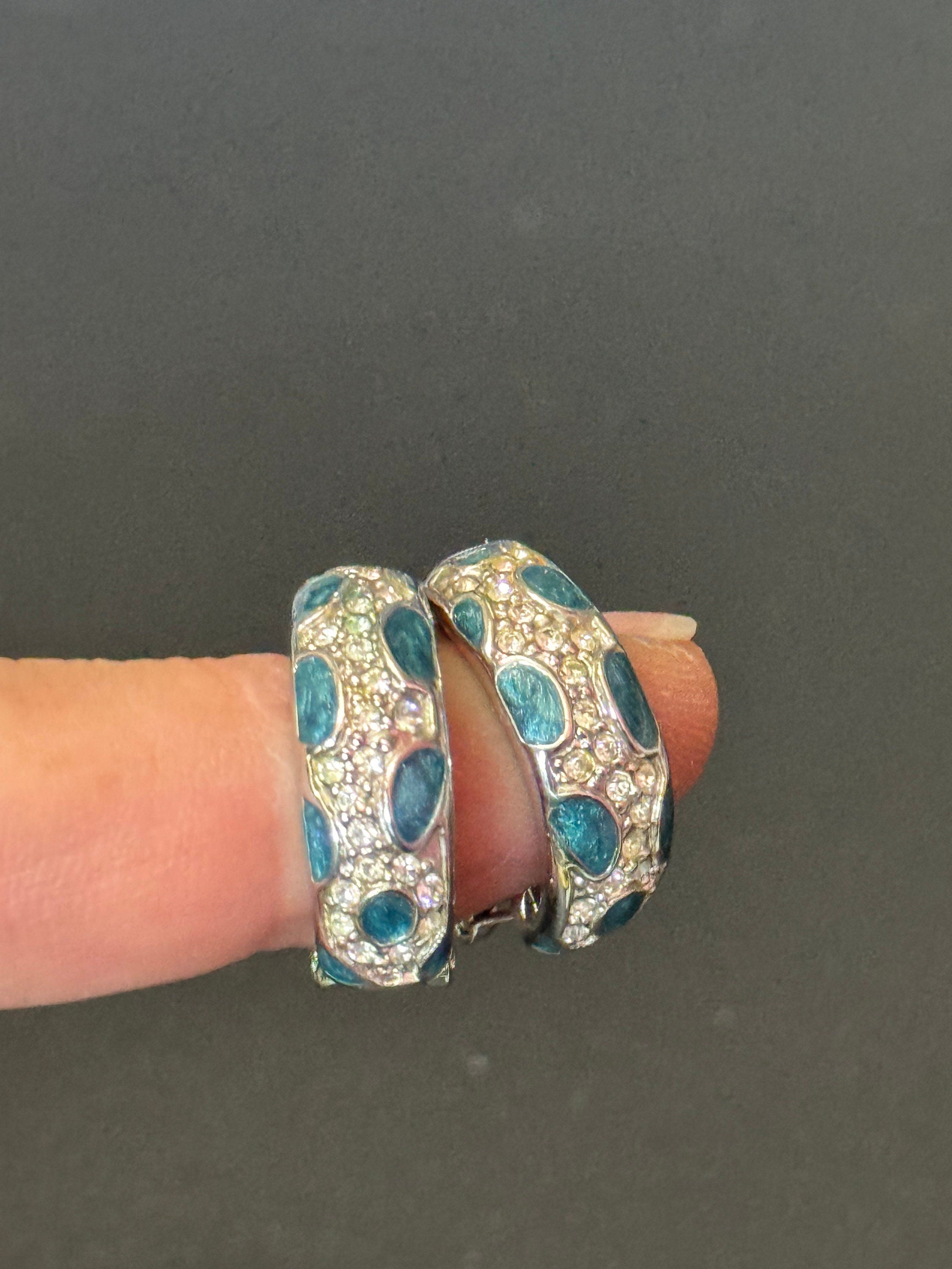 small diamanté blue enamel hoop earrings silver tone pierced ears