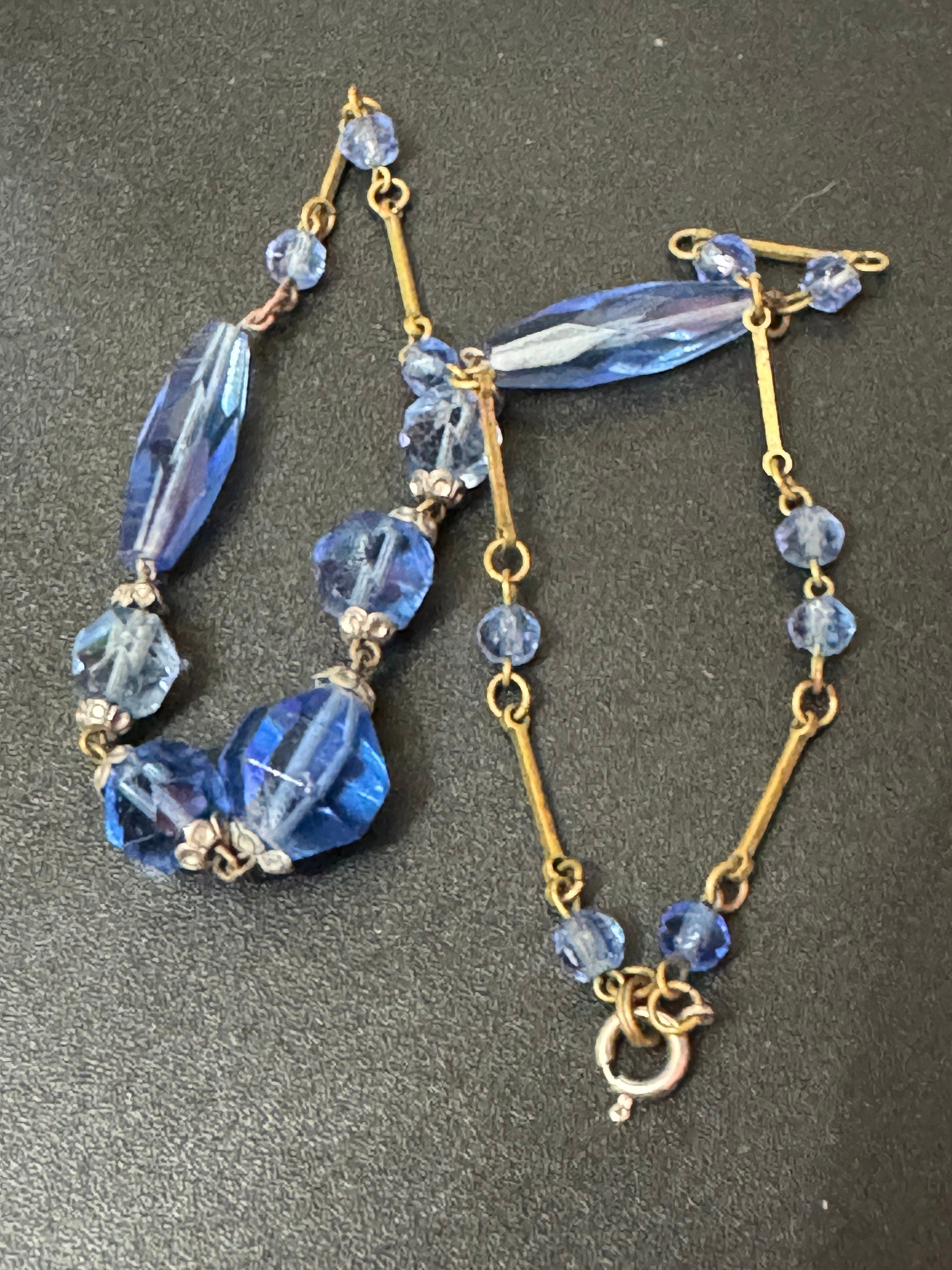 Art Deco Blue Faceted Glass Beaded Necklace - 1920s Petite Fit