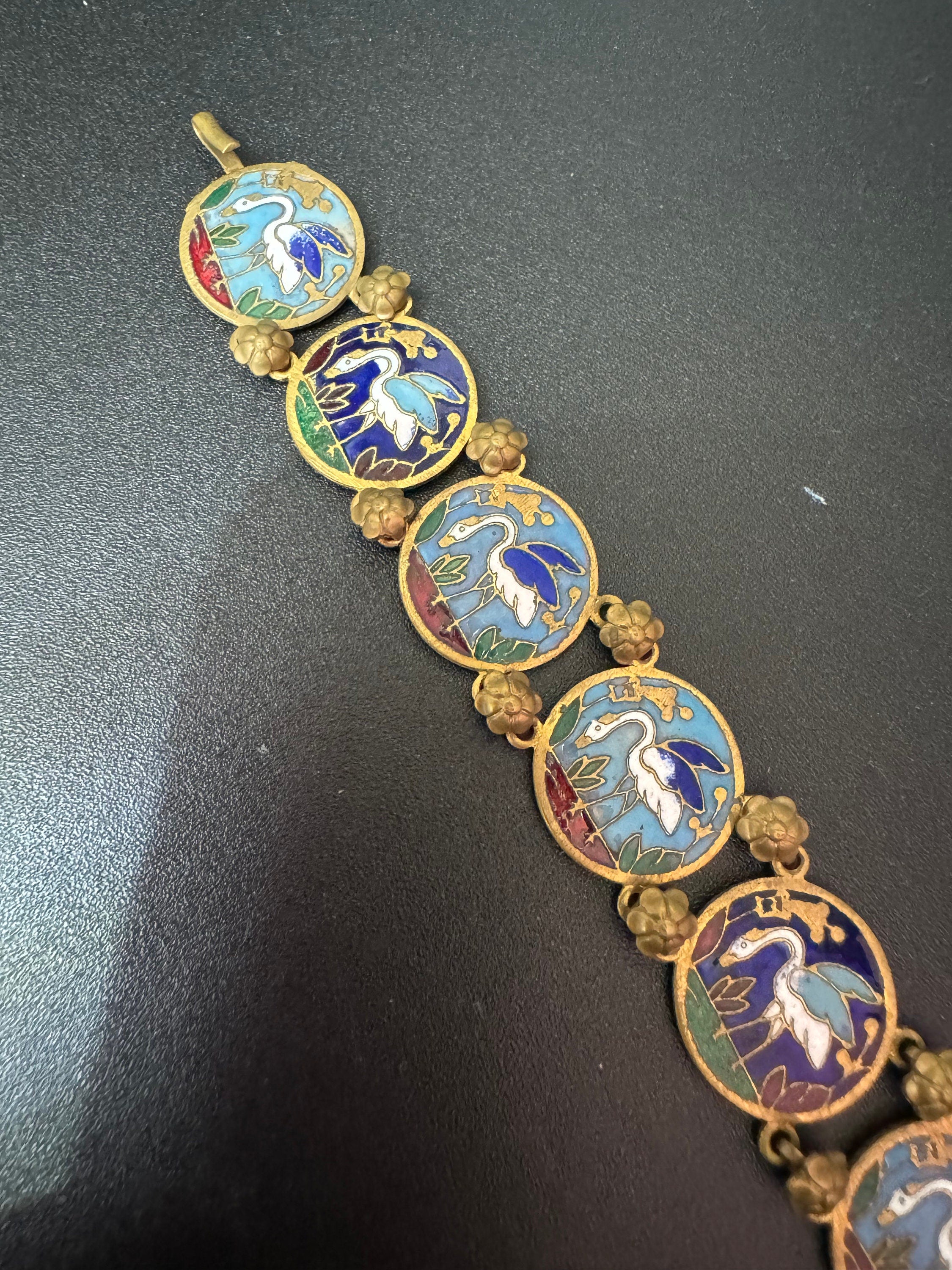 Czech filigree Japanese crane bird brass metal panel link enamel bracelet 1940s