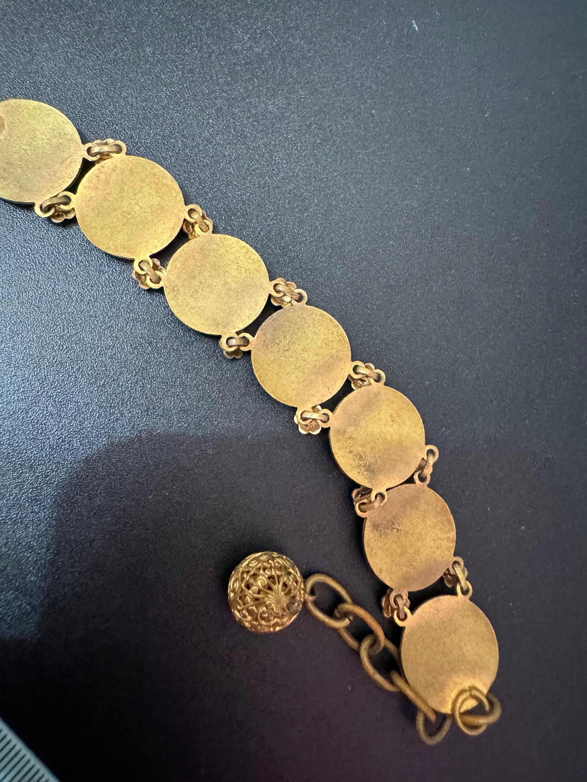 Czech filigree Japanese crane bird brass metal panel link enamel bracelet 1940s