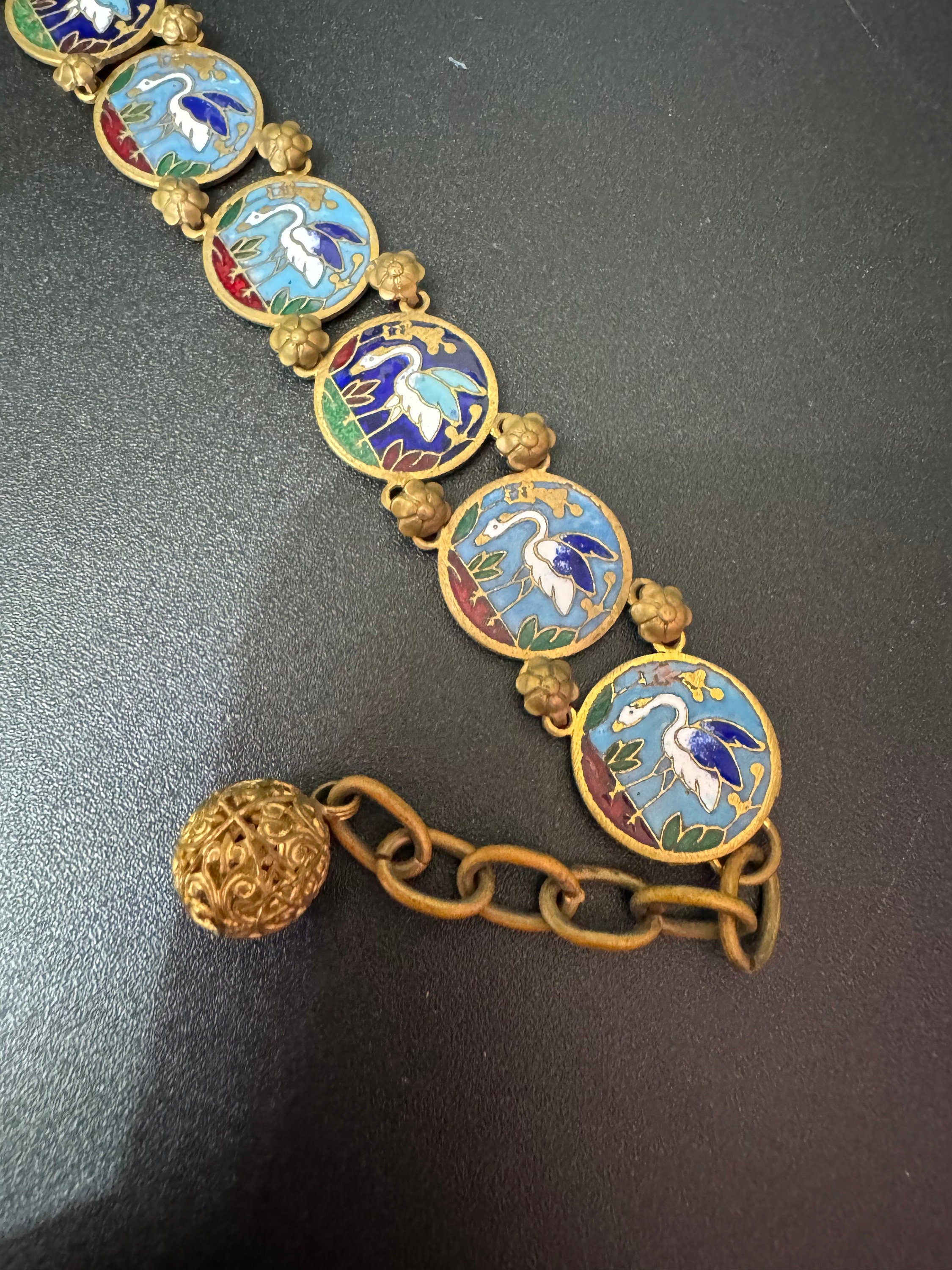 Czech filigree Japanese crane bird brass metal panel link enamel bracelet 1940s