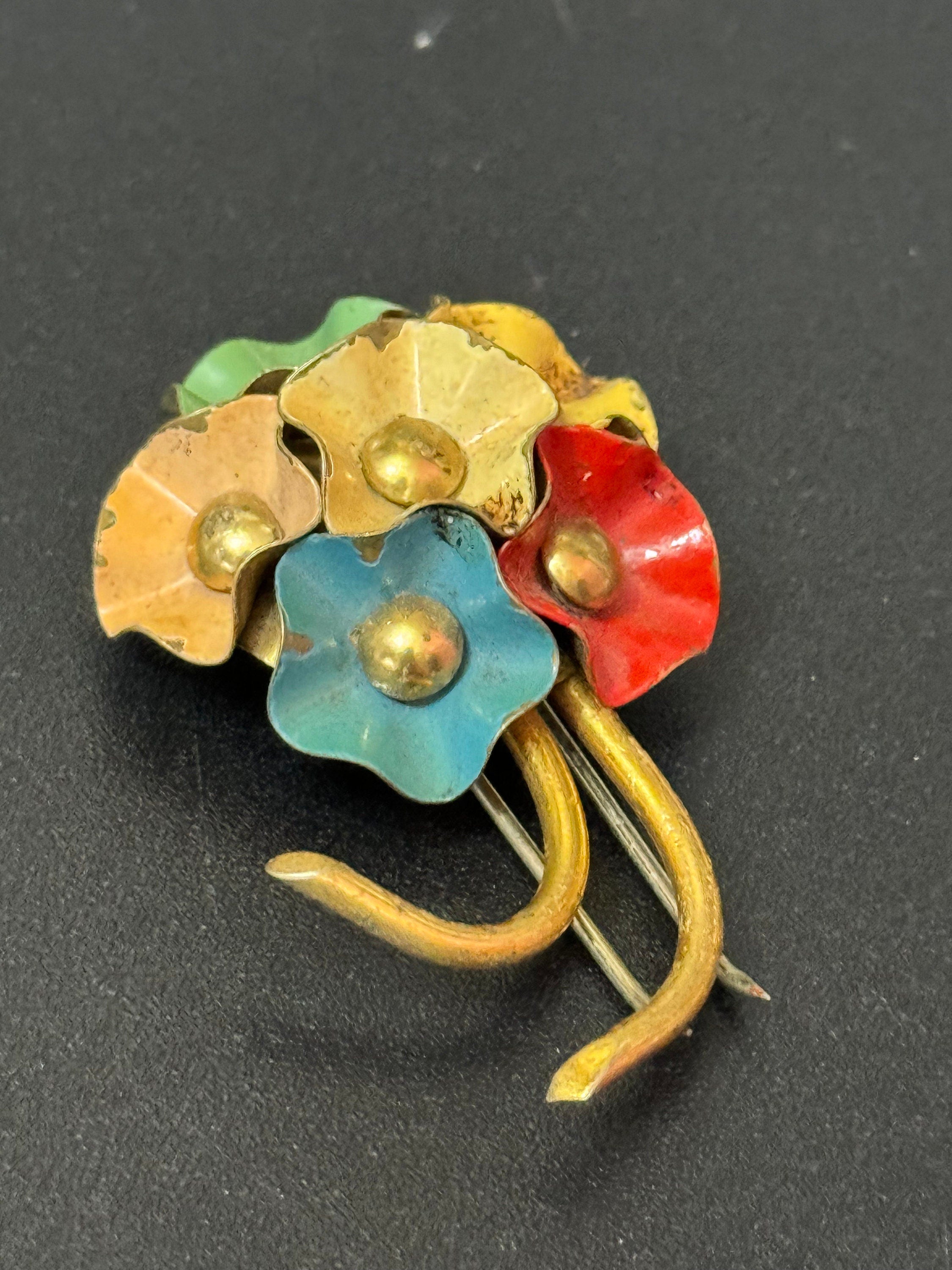 Art Deco Czech brass metal leaf cold painted enamel flower brooch