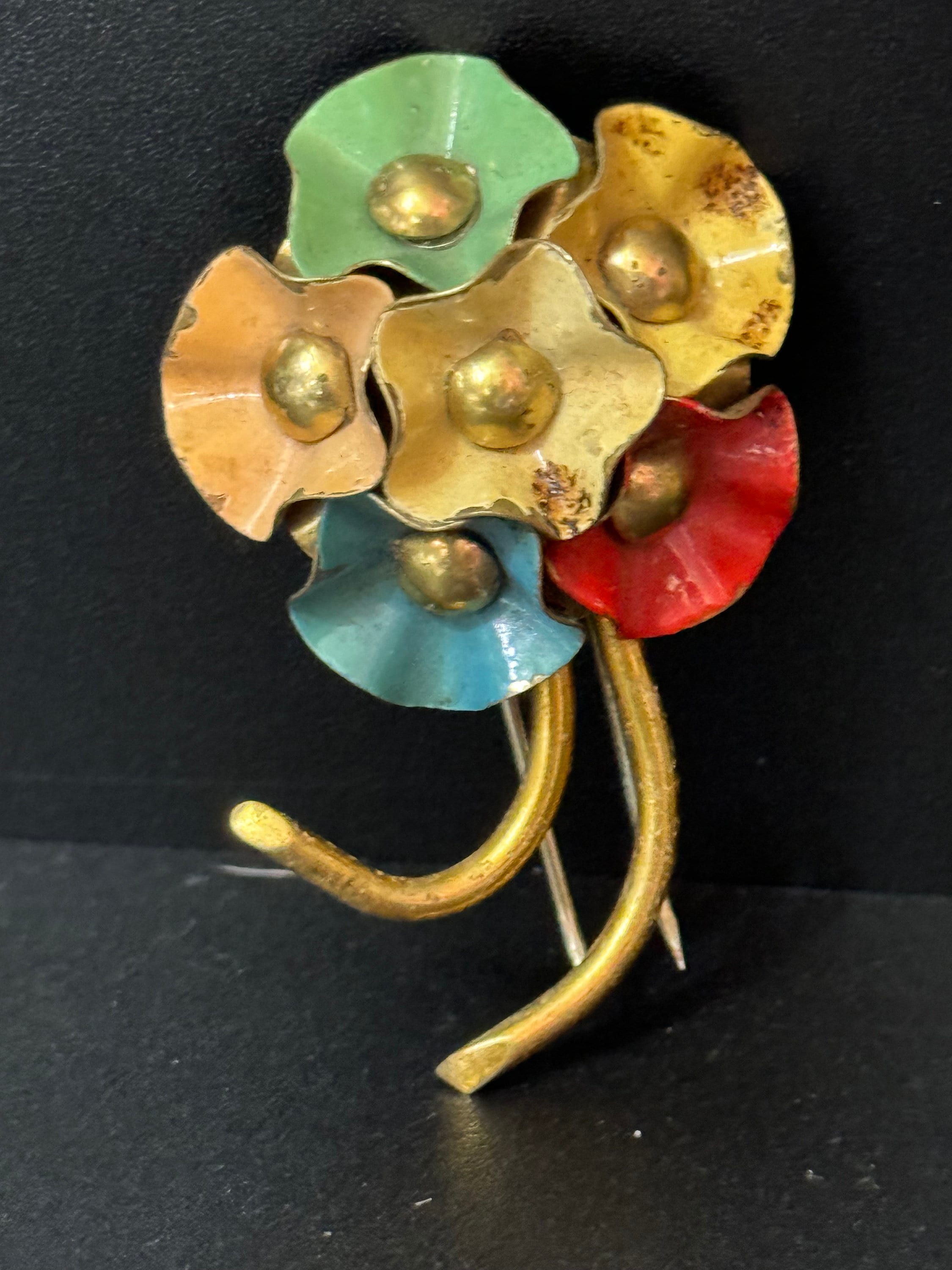 Art Deco Czech brass metal leaf cold painted enamel flower brooch fur clip