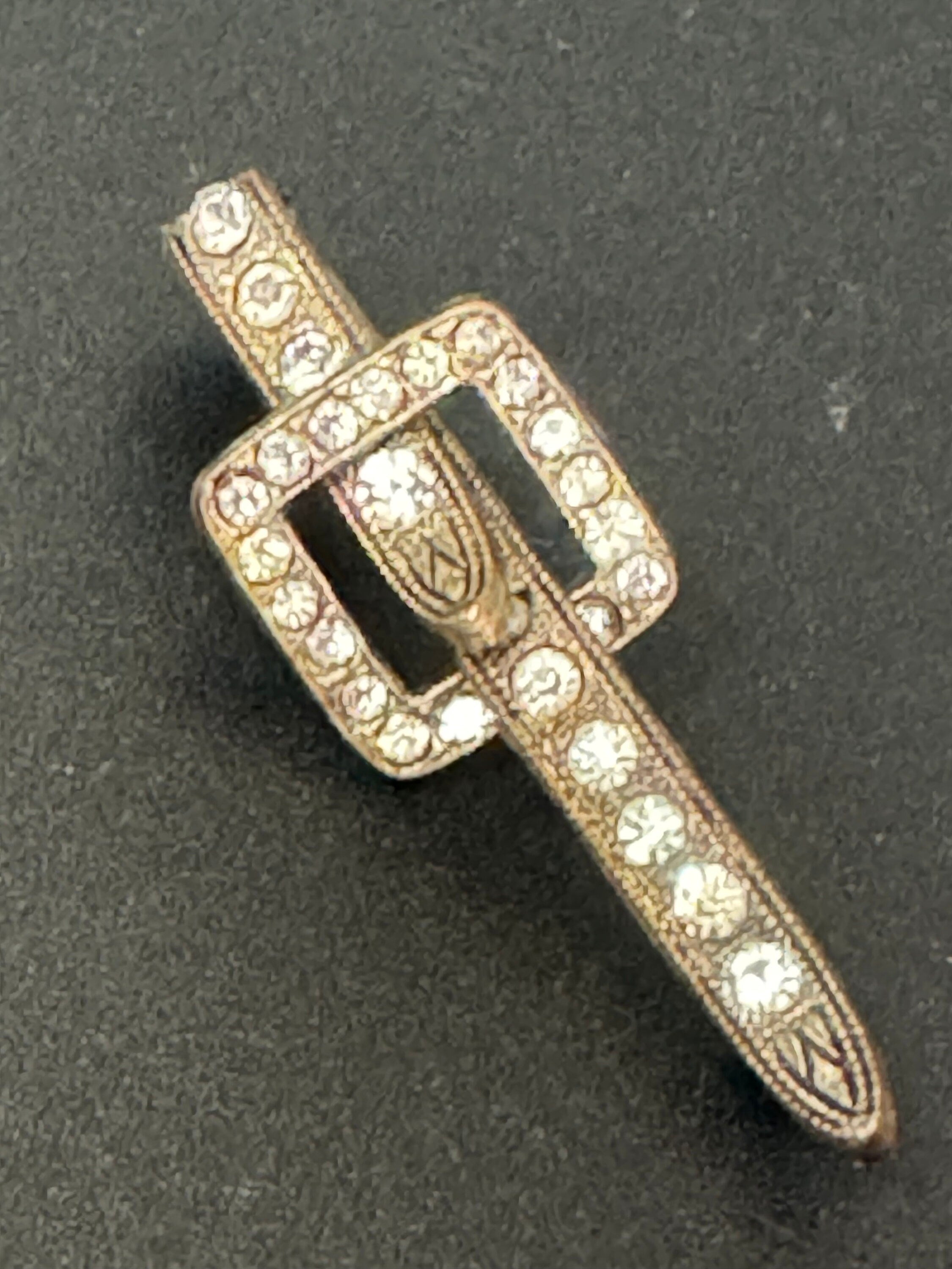 Signed Czech Art deco belt buckle brooch set with clear diamanté paste rhinestones gold tone