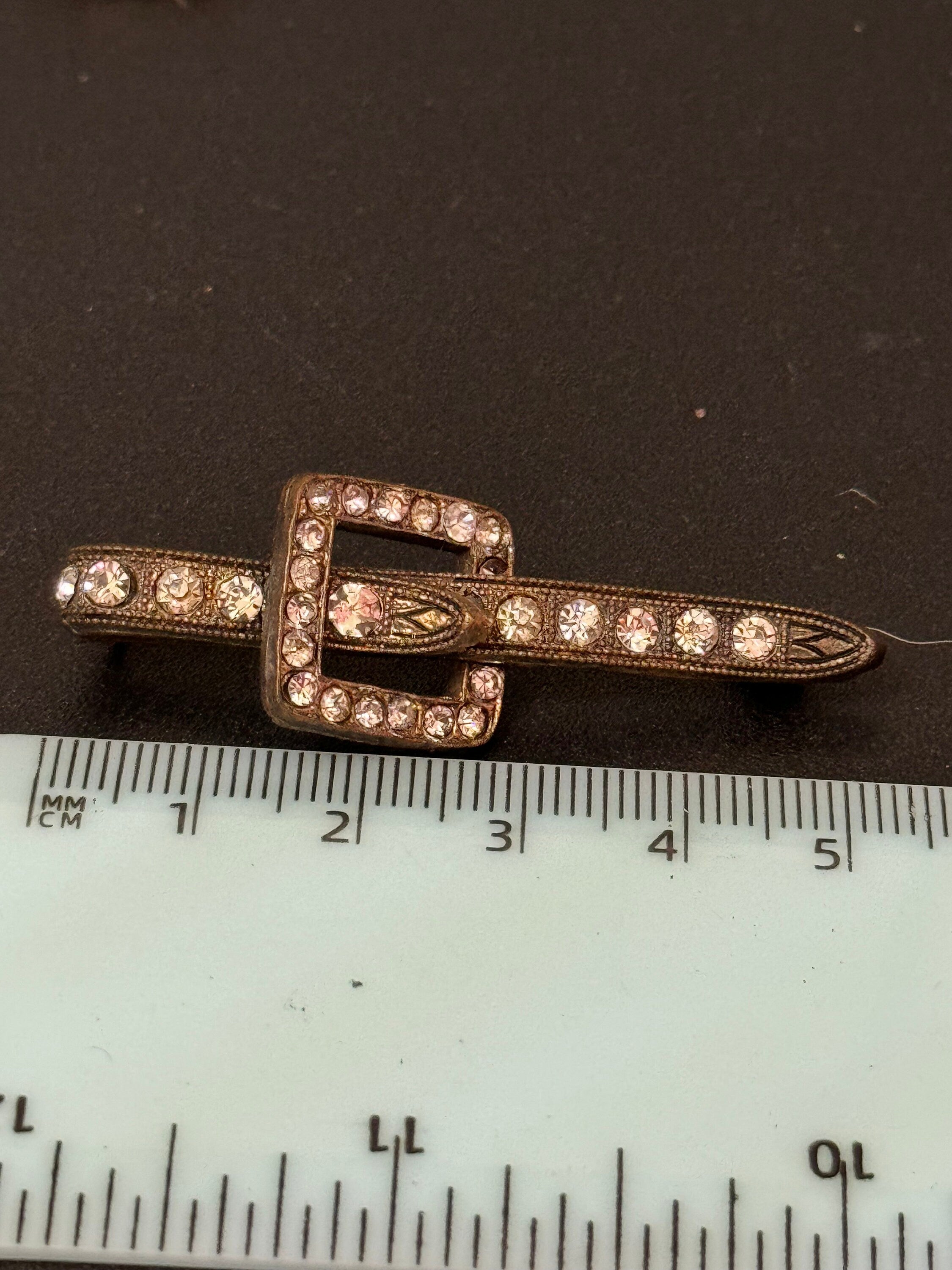 Signed Czech Art deco belt buckle brooch set with clear diamanté paste rhinestones gold tone