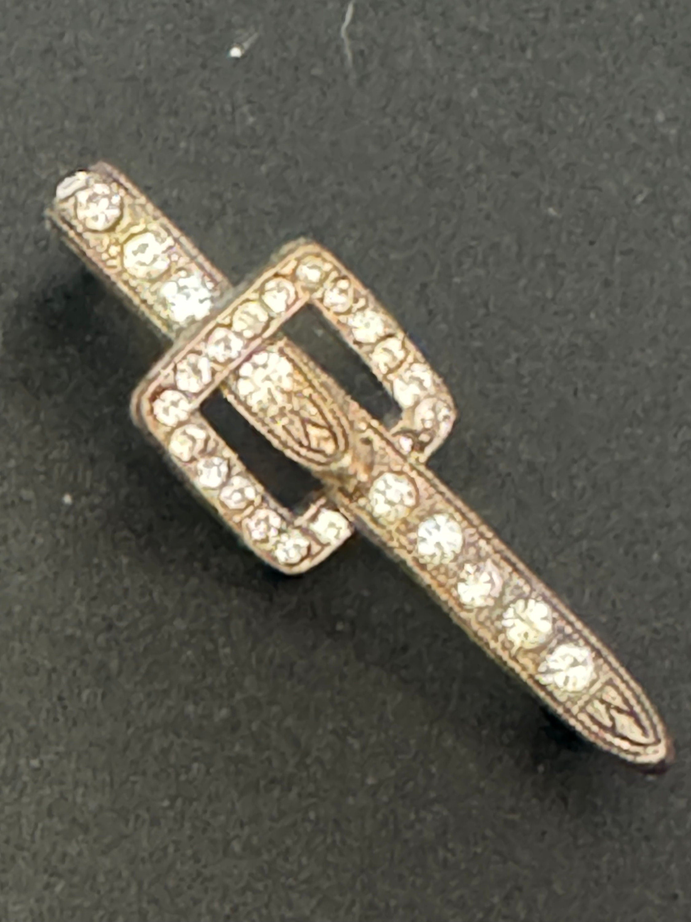 Signed Czech Art deco belt buckle brooch set with clear diamanté paste rhinestones gold tone