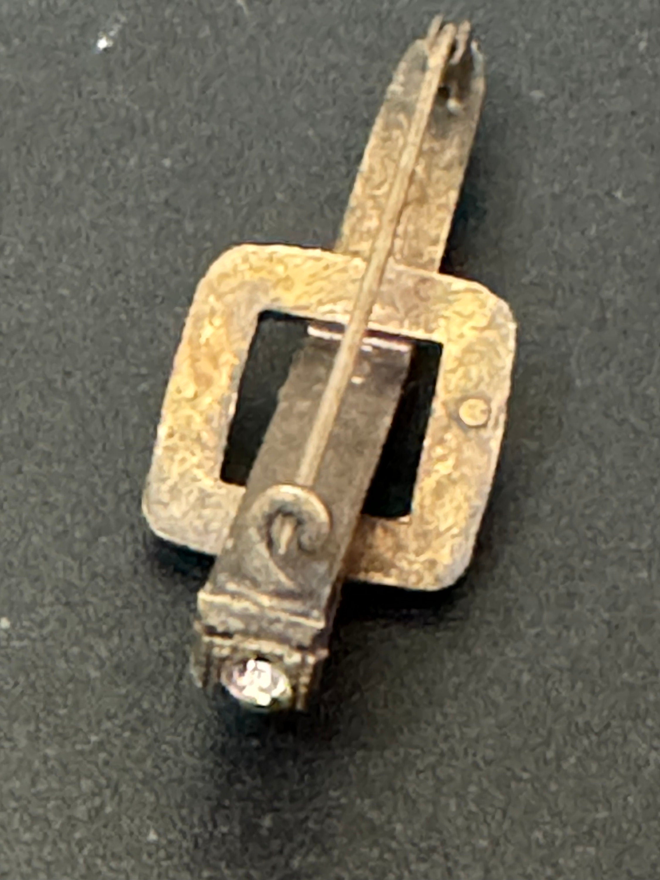 Signed Czech Art deco belt buckle brooch set with clear diamanté paste rhinestones gold tone