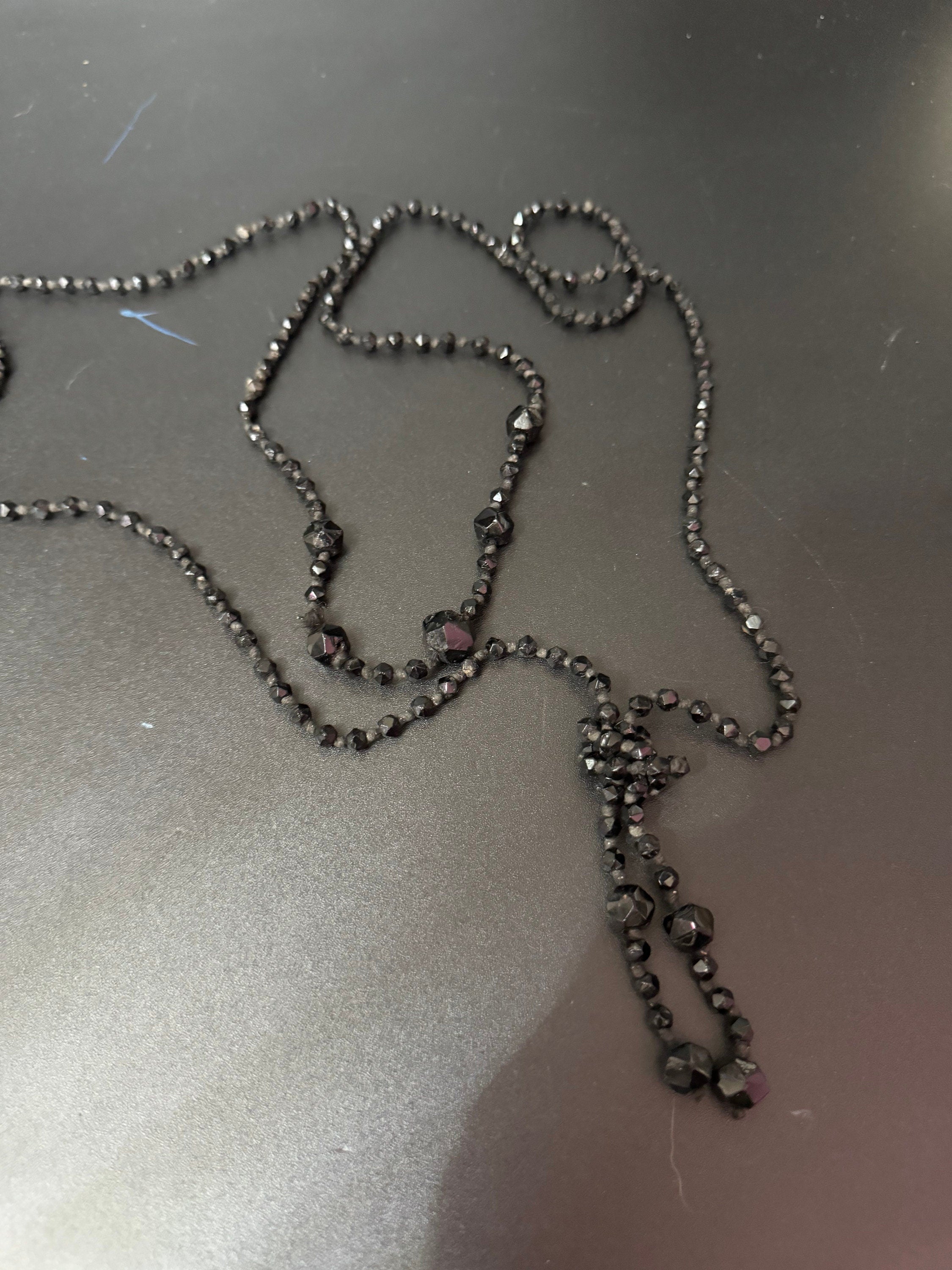 vintage French Jet Black Glass Lariat or sautoir long beaded necklace faceted glass beads vintage art deco 1920s 1930s