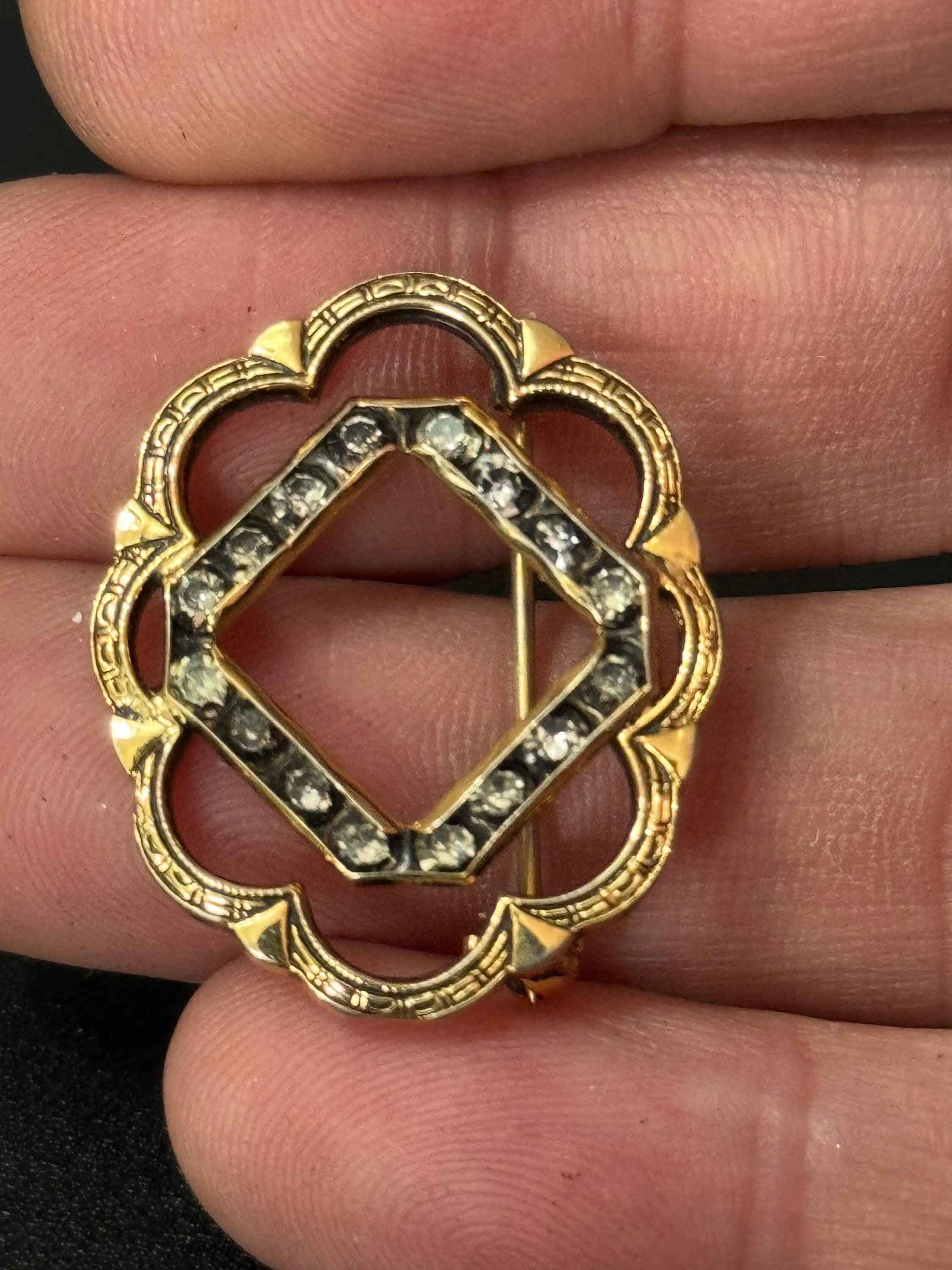 antique small gold plated black diamanté rhinestone brooch roll clasp