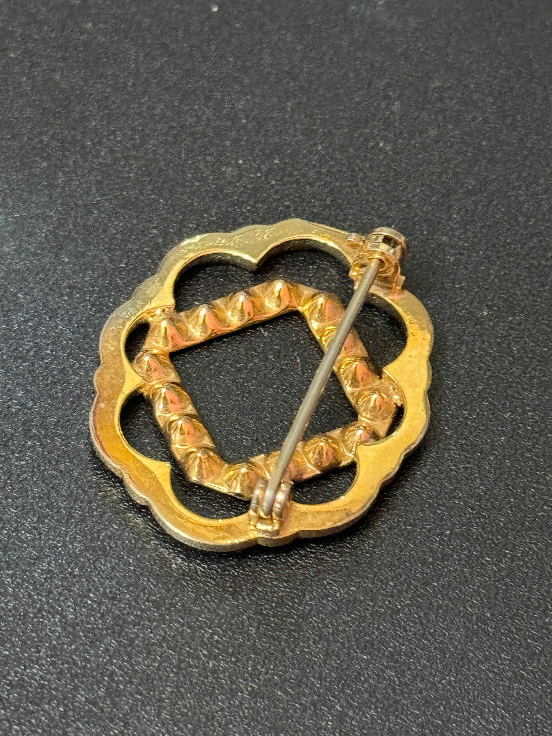antique small gold plated black diamanté rhinestone brooch roll clasp