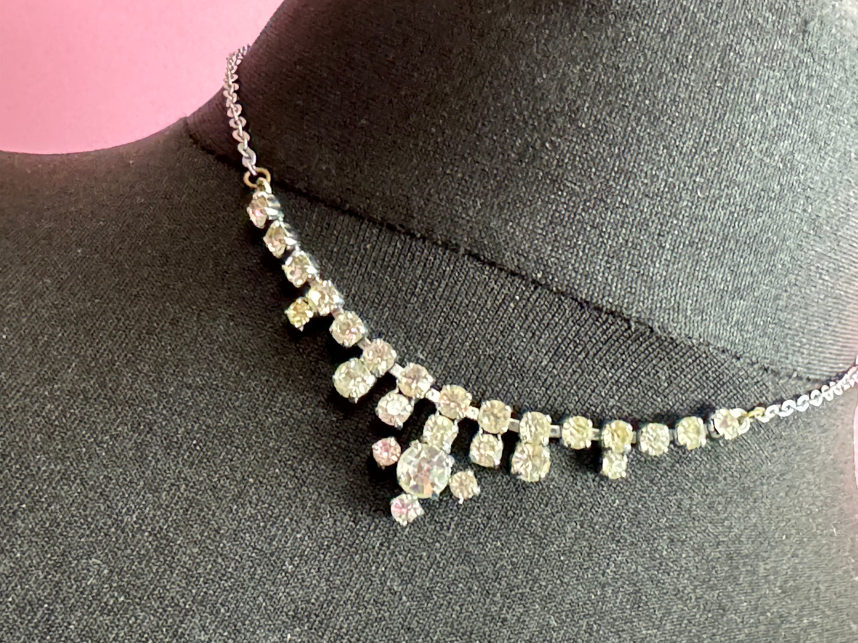 Petite 40cm silver Clear glass Diamanté rhinestone paste chain link cocktail necklace