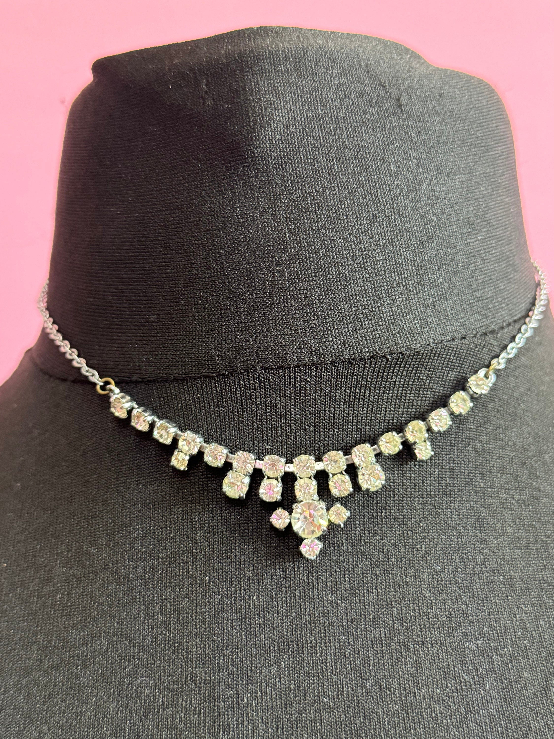 Petite 40cm silver Clear glass Diamanté rhinestone paste chain link cocktail necklace