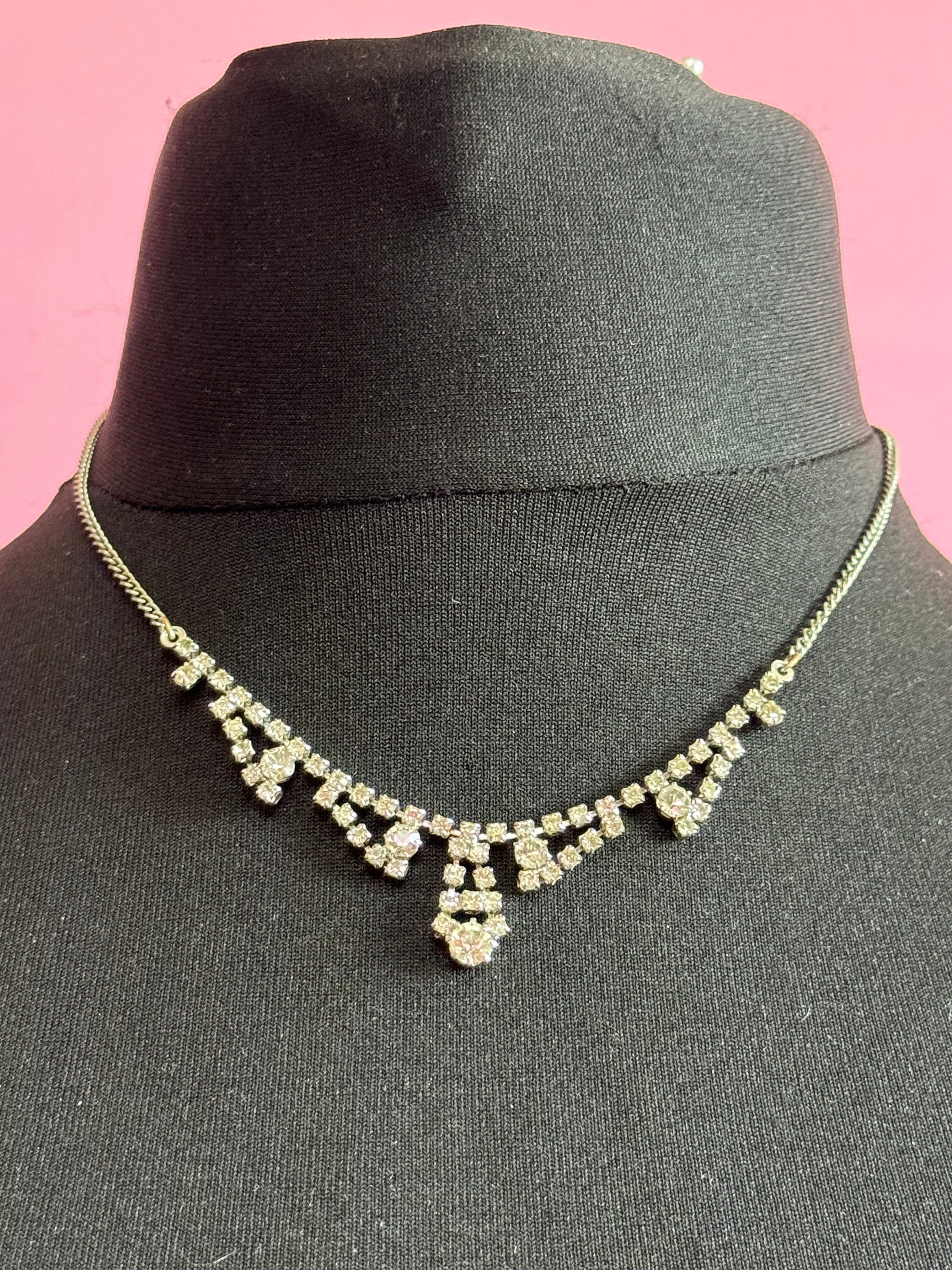 Dainty 44cm silver Clear glass Diamanté rhinestone paste chain link cocktail necklace