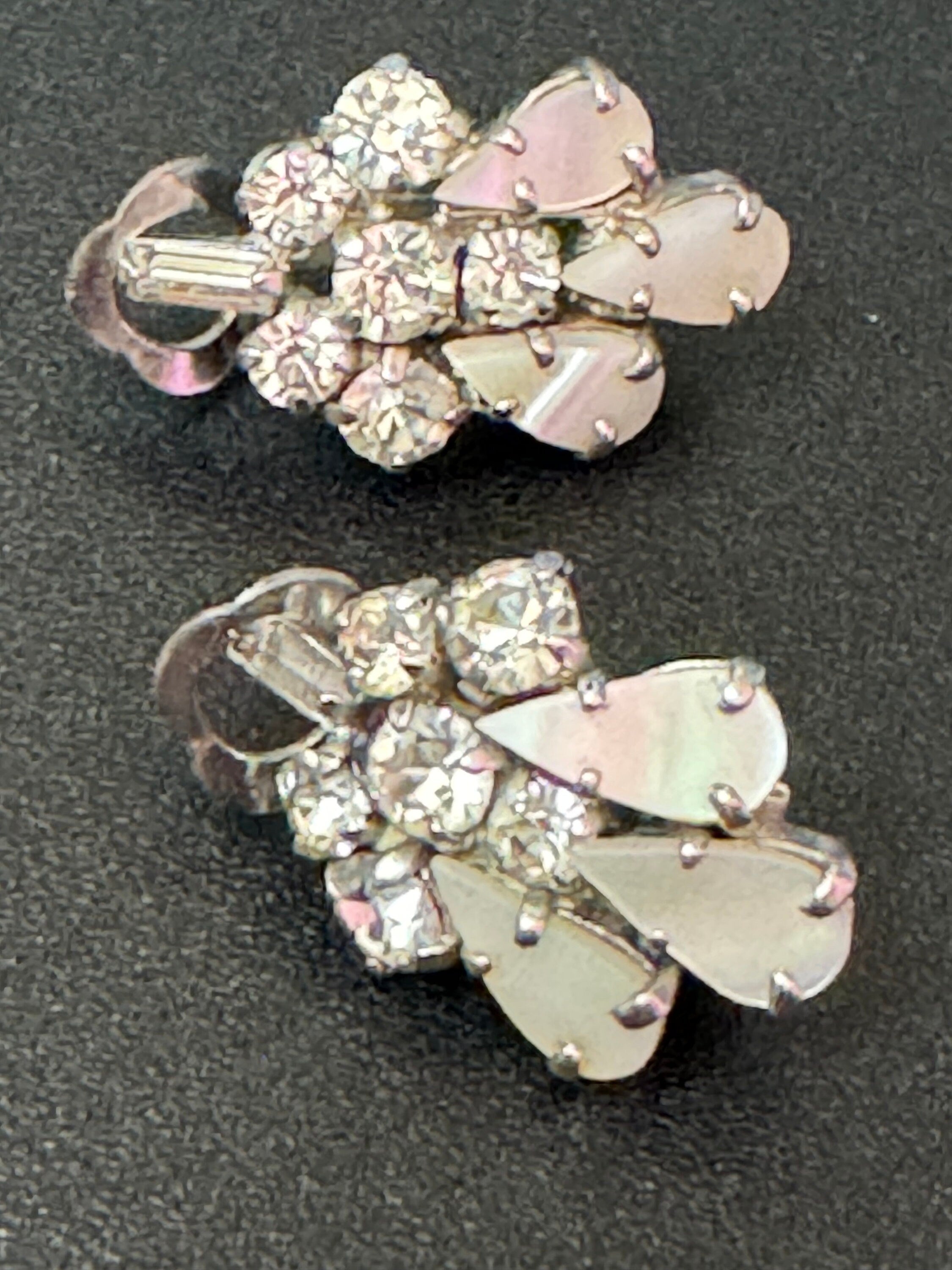 vintage clear Diamanté Rhinestone MOP mother of pearl Clip On stud Earrings mid century
