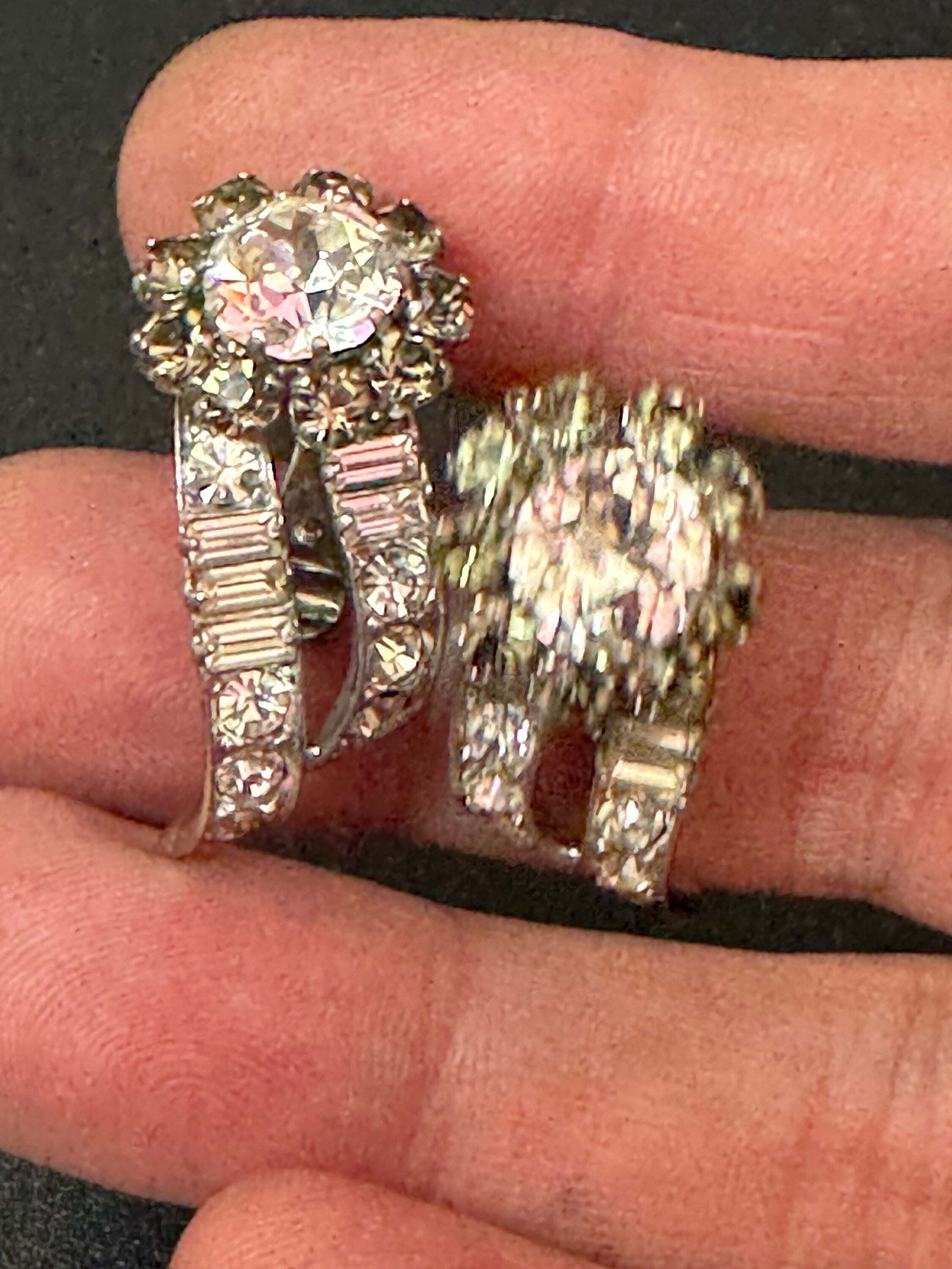 curved high end vintage clear and grey crystal Diamanté Rhinestone Clip On stud Earrings