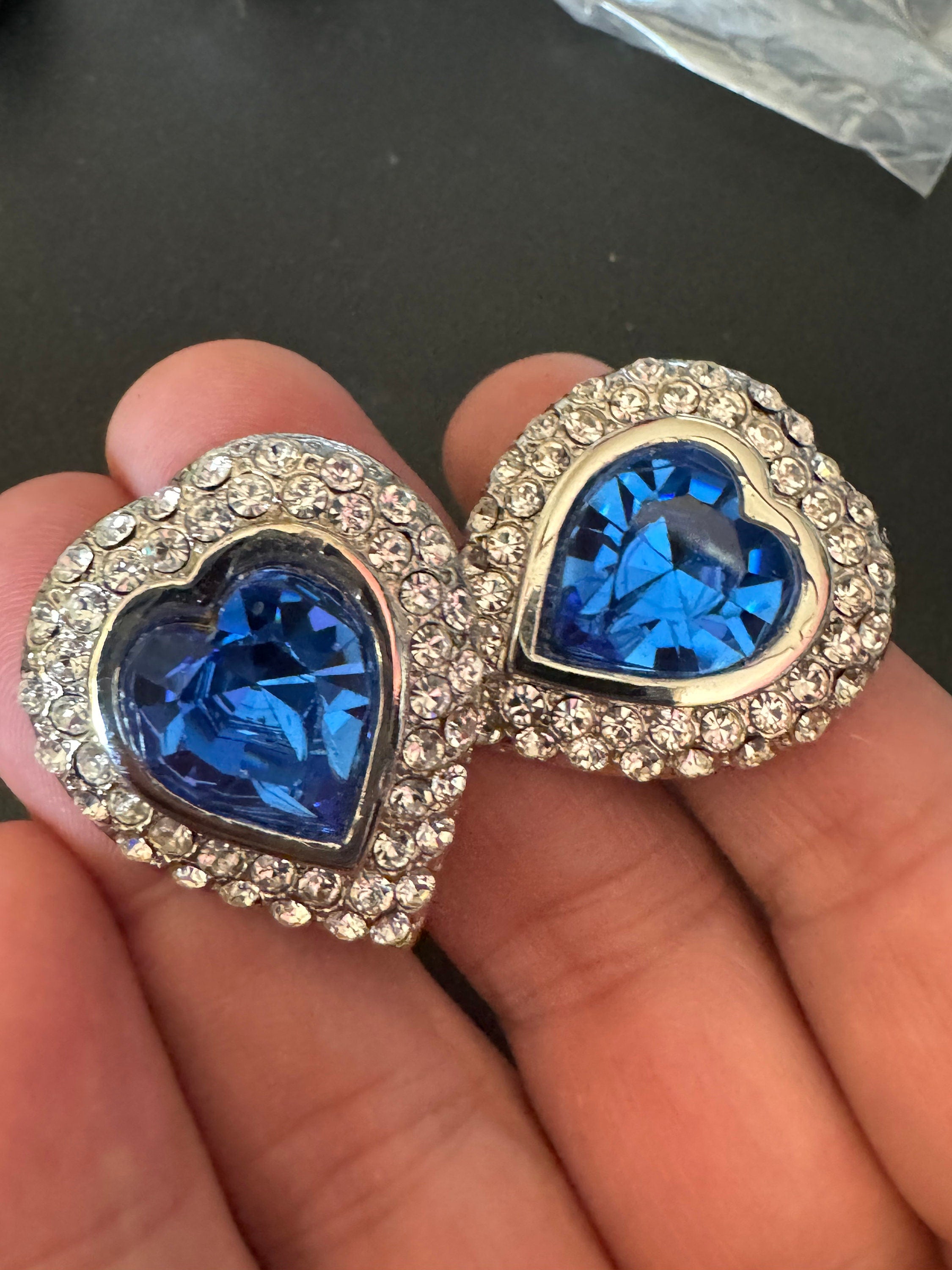 vintage oversized 3.25cm chunky silver tone sapphire blue and and clear Swarovski crystal love heart earrings 1980s high end old shop stock