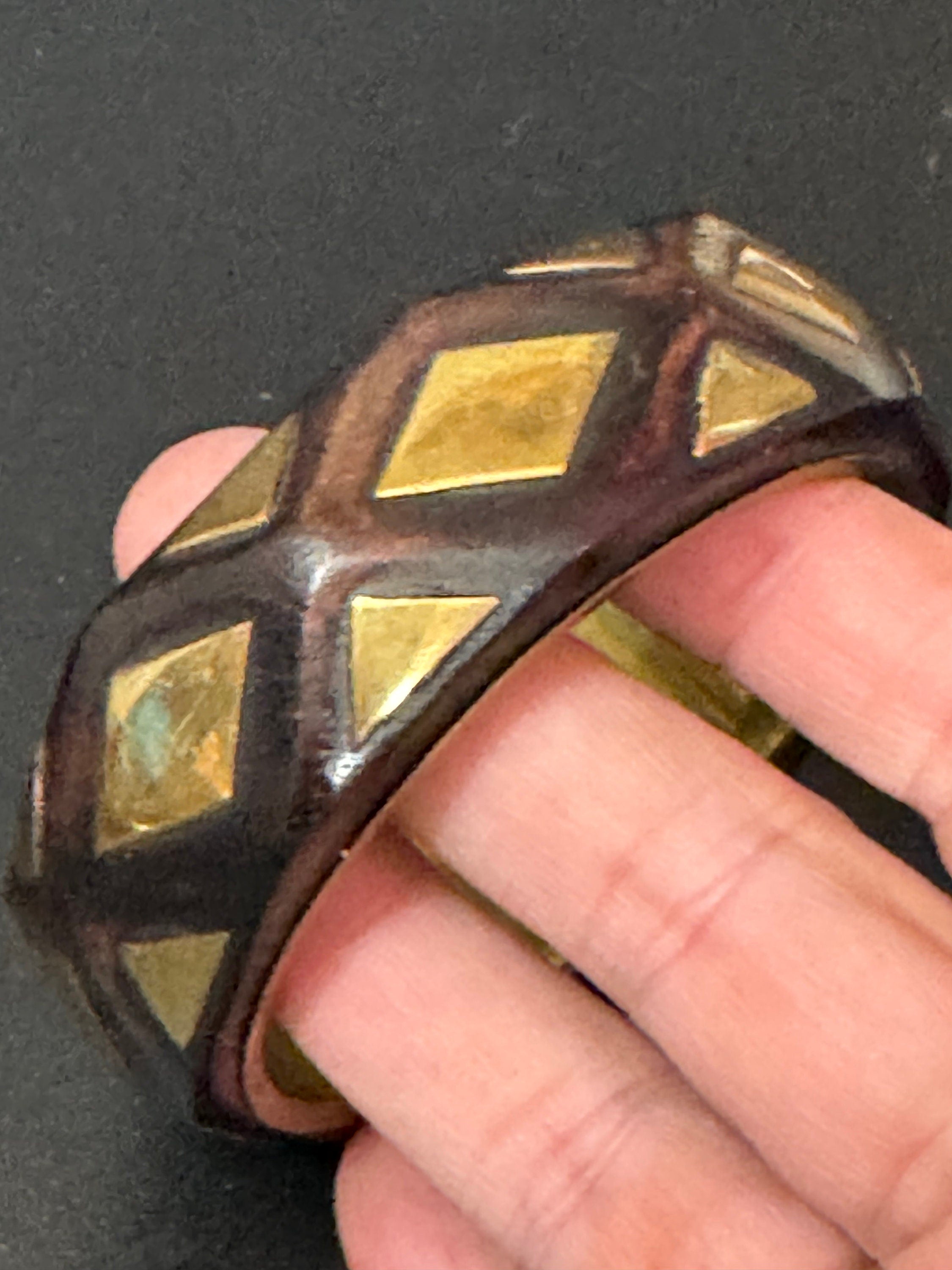dark brown wood with gold brass wide cuff wooden bangle bracelet stacking layering Vintage boho festival