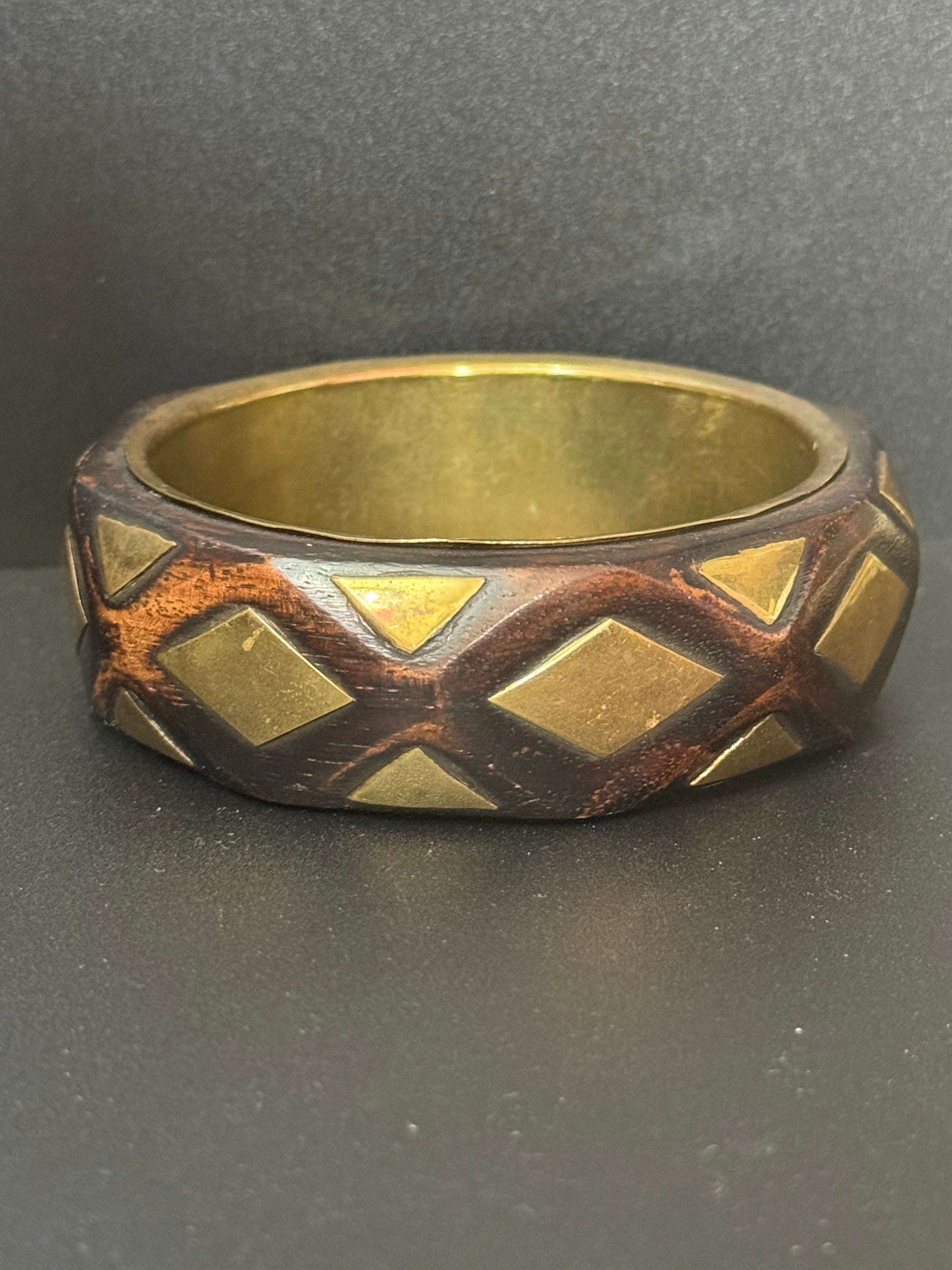 dark brown wood with gold brass wide cuff wooden bangle bracelet stacking layering Vintage boho festival