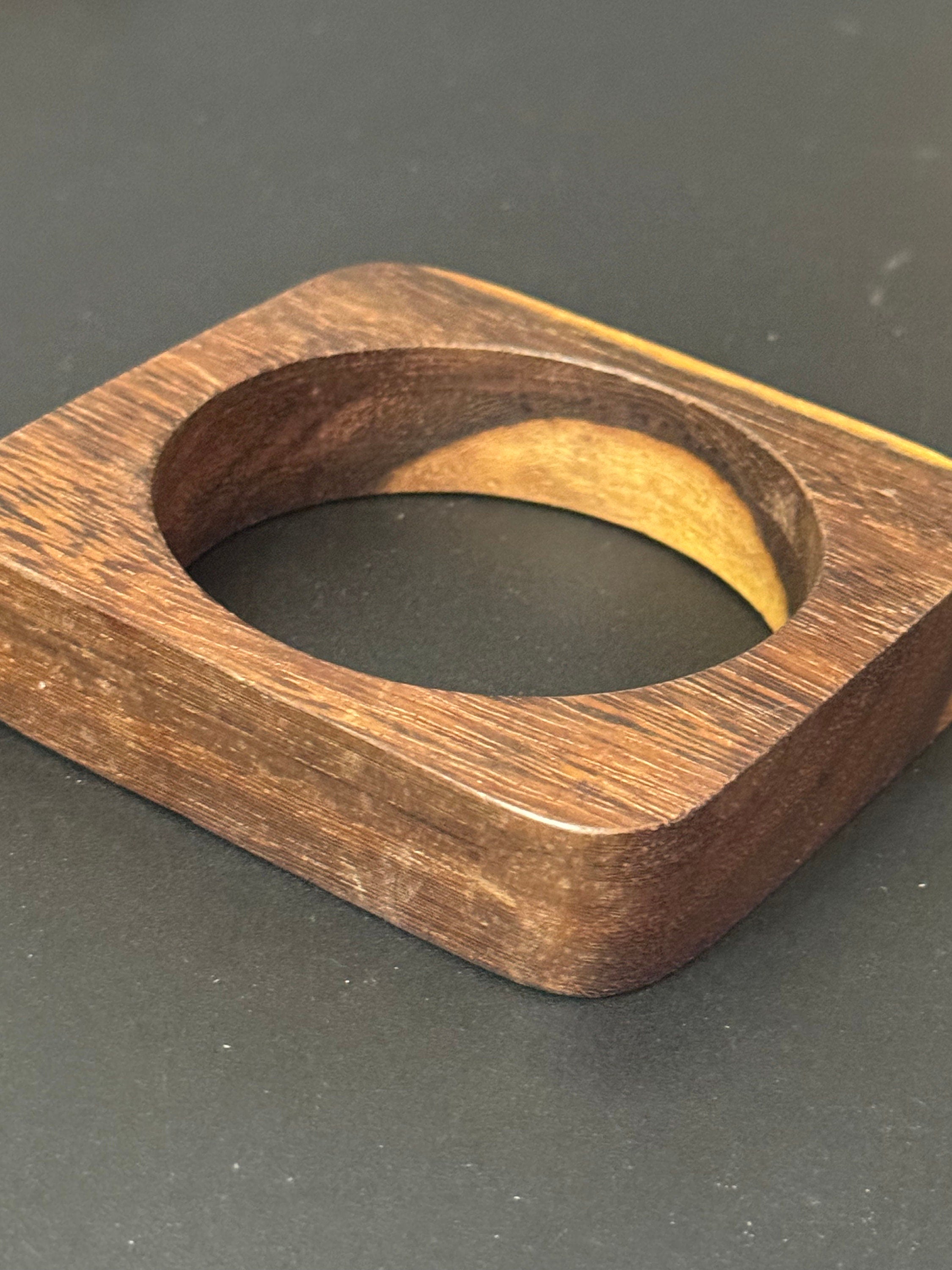 dark and light brown square wood wide cuff wooden bangle bracelet stacking layering Vintage boho festival