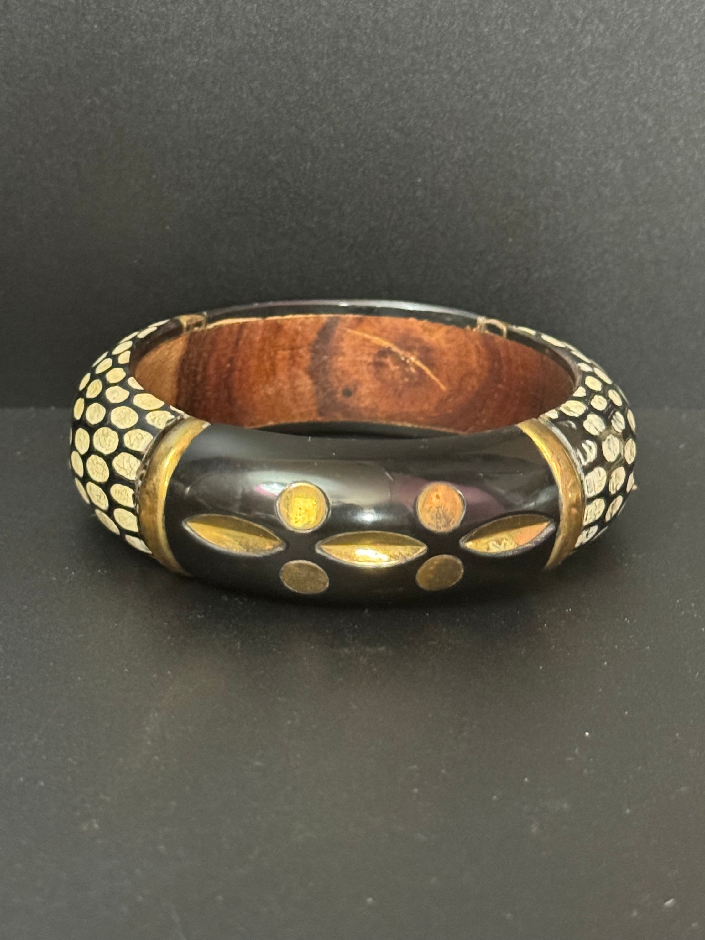 Vintage carved ornate Wooden Hand Painted Lacquer black gold Bangle Bracelet  geometric detailing for boho festival