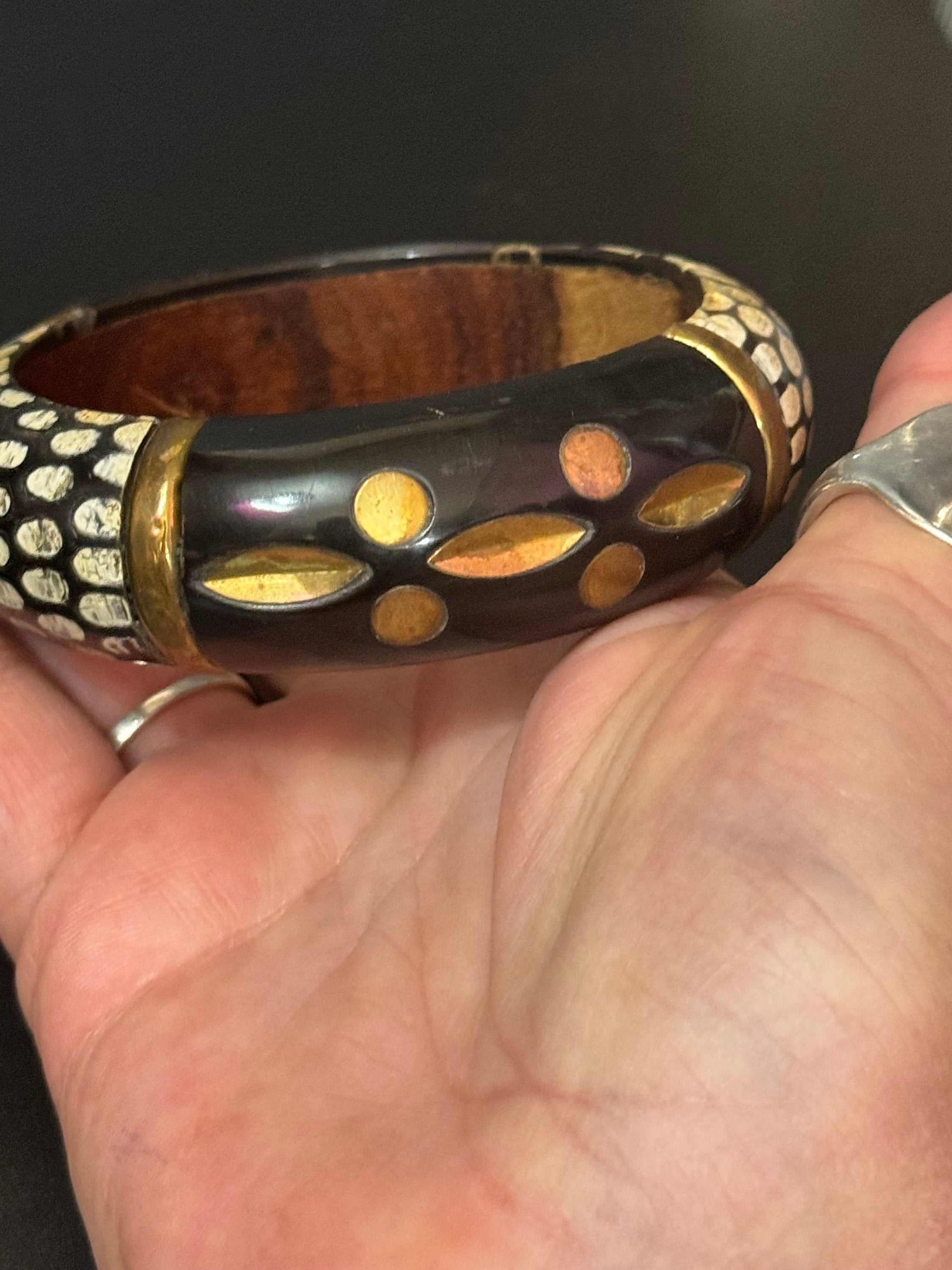 Vintage carved ornate Wooden Hand Painted Lacquer black gold Bangle Bracelet  geometric detailing for boho festival