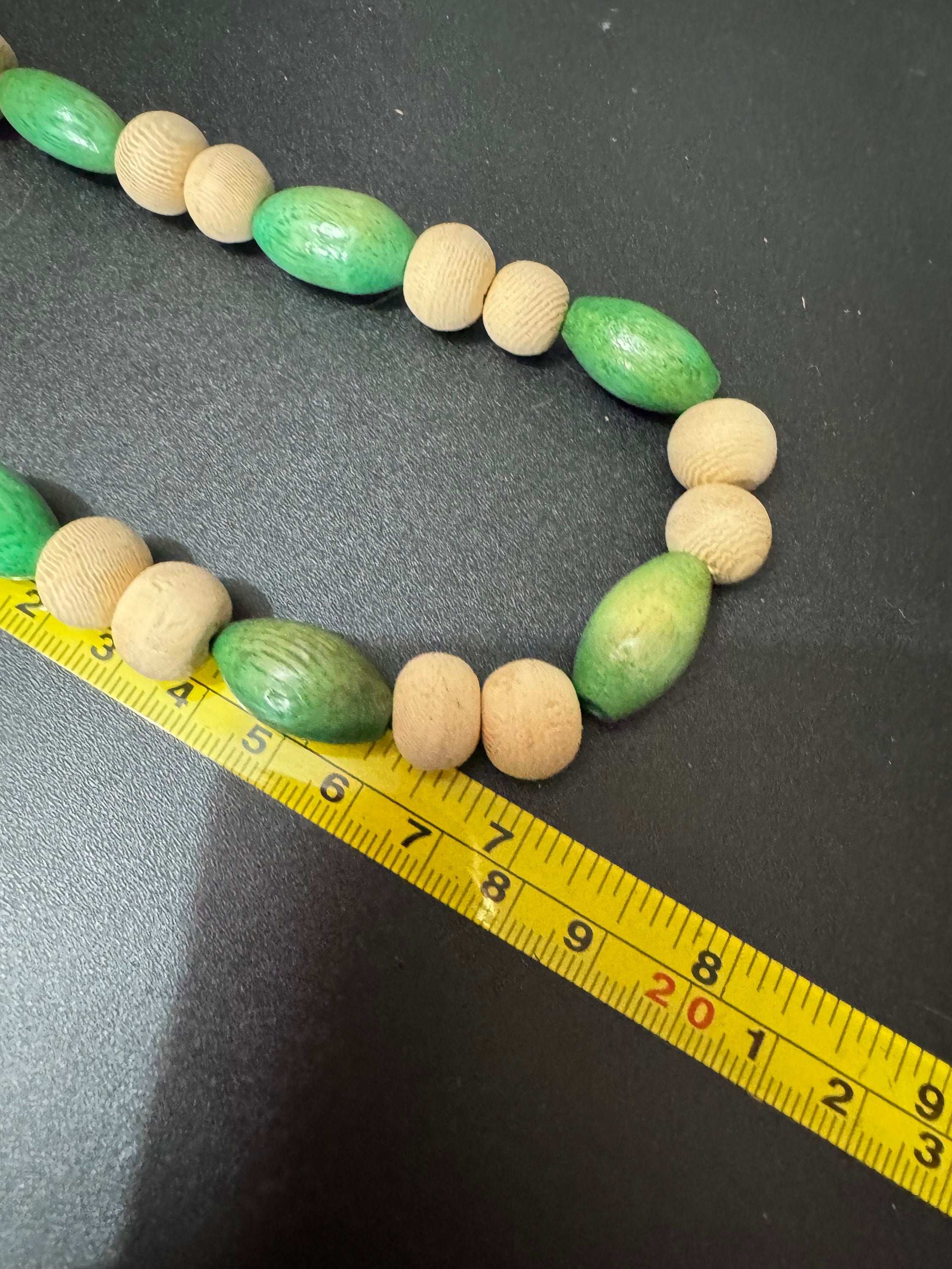 Retro green and beige brown wooden natural beaded stretch choker necklace boho festival jewellery range