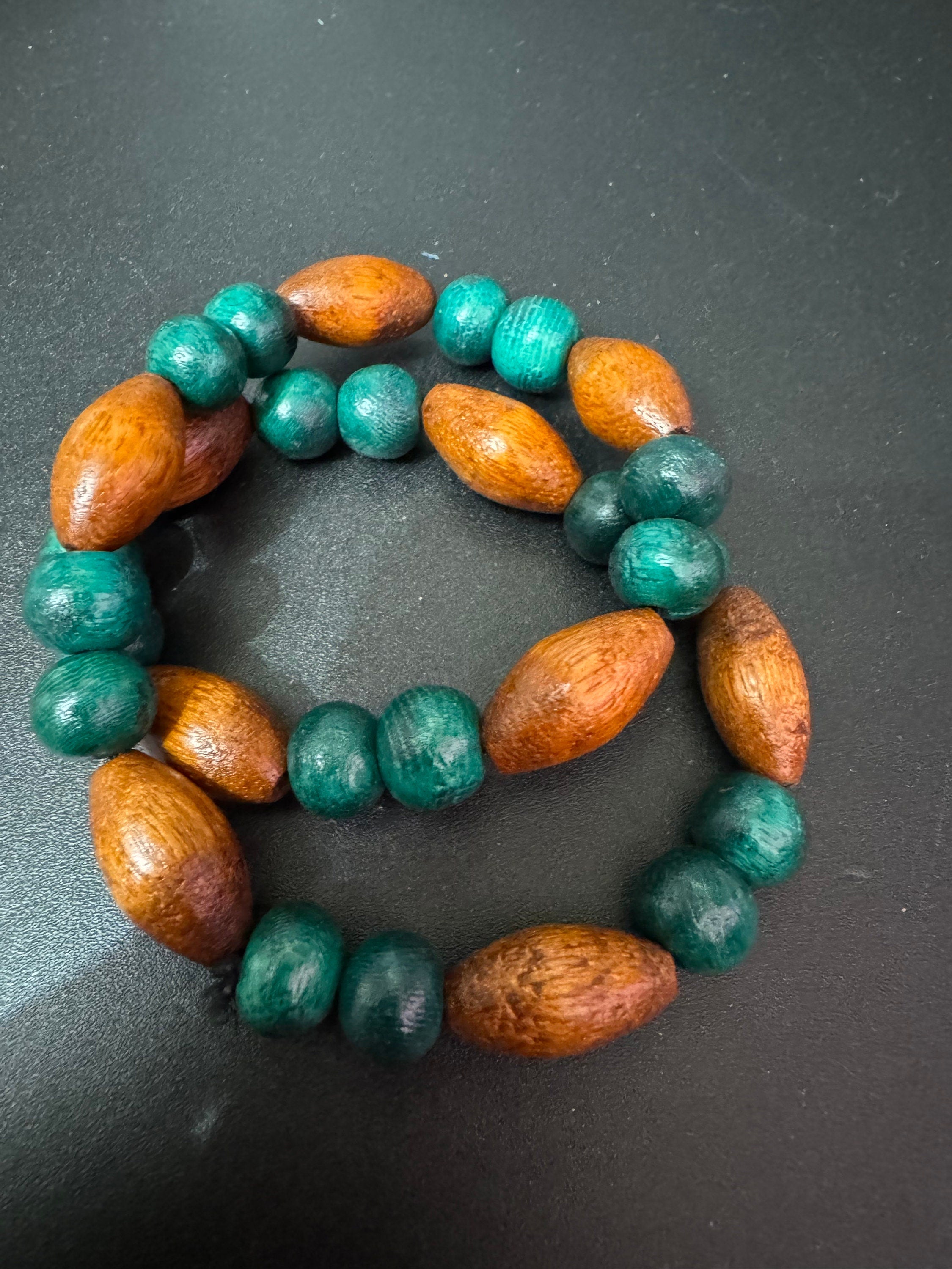 Retro teal green blue and beige brown wooden natural beaded stretch choker necklace boho festival jewellery range