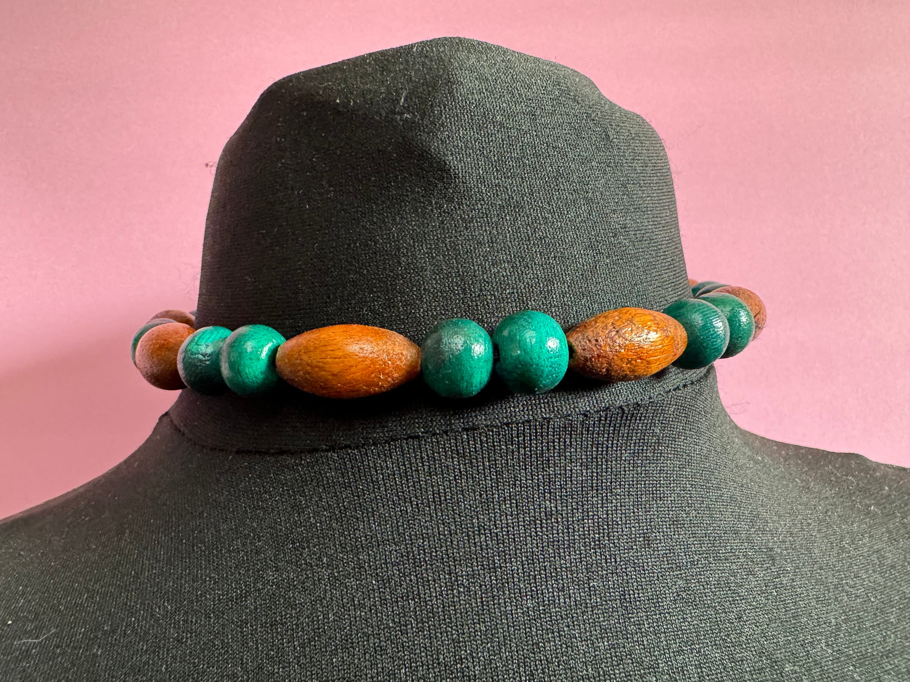 Retro teal green blue and beige brown wooden natural beaded stretch choker necklace boho festival jewellery range