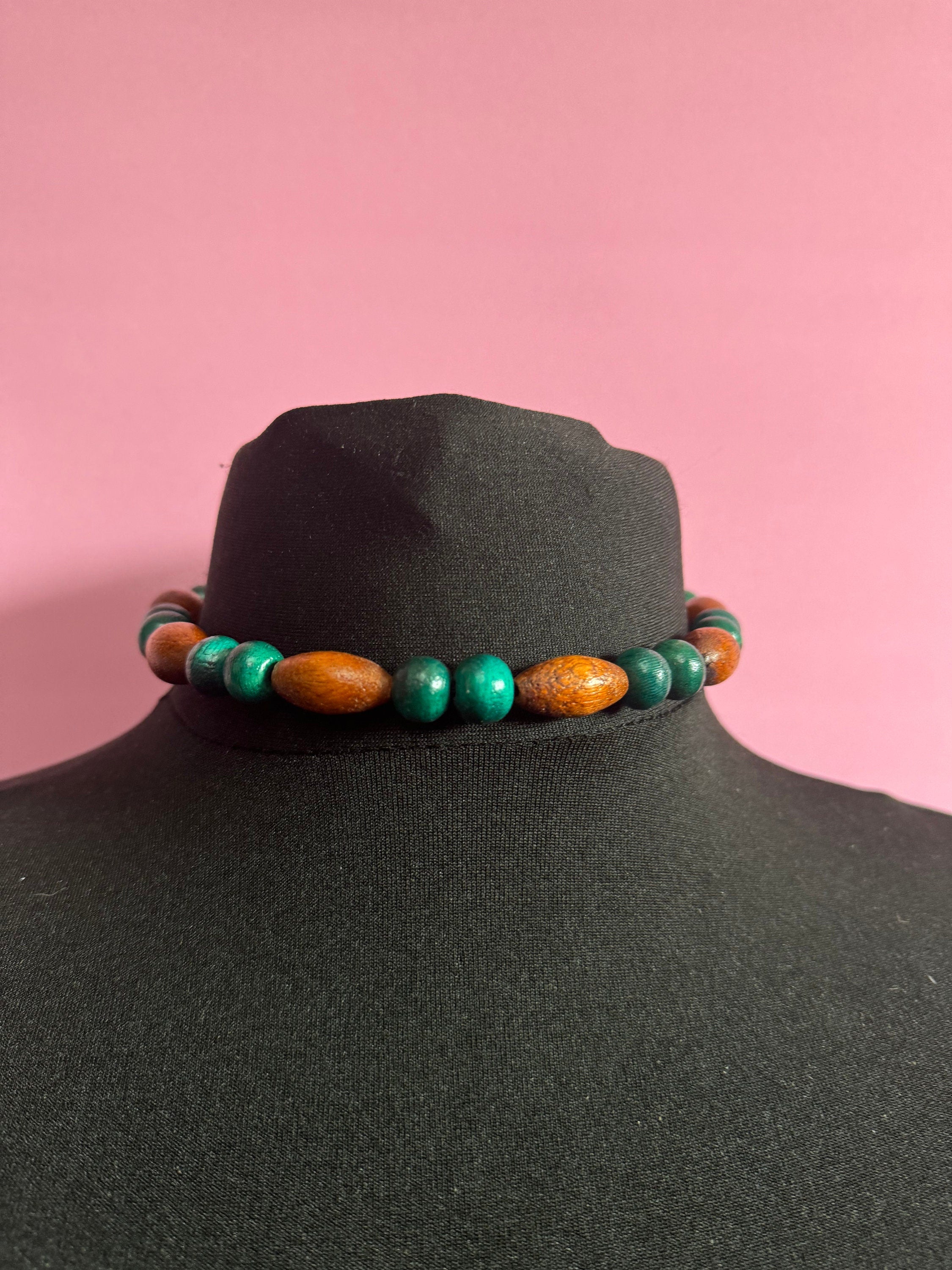 Retro teal green blue and beige brown wooden natural beaded stretch choker necklace boho festival jewellery range