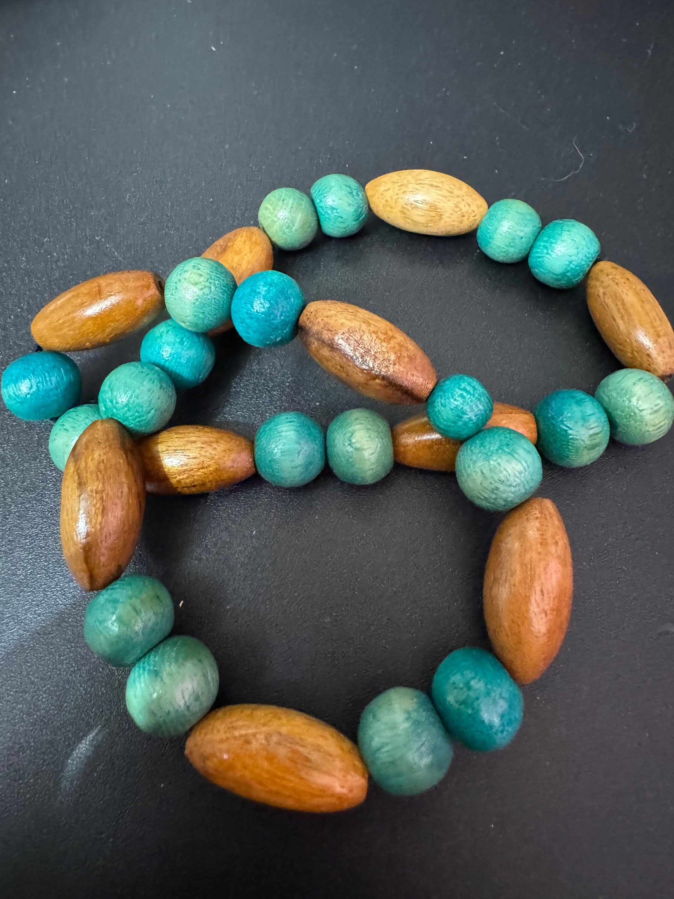 Retro teal green blue and beige brown wooden natural beaded stretch choker necklace boho festival jewellery range