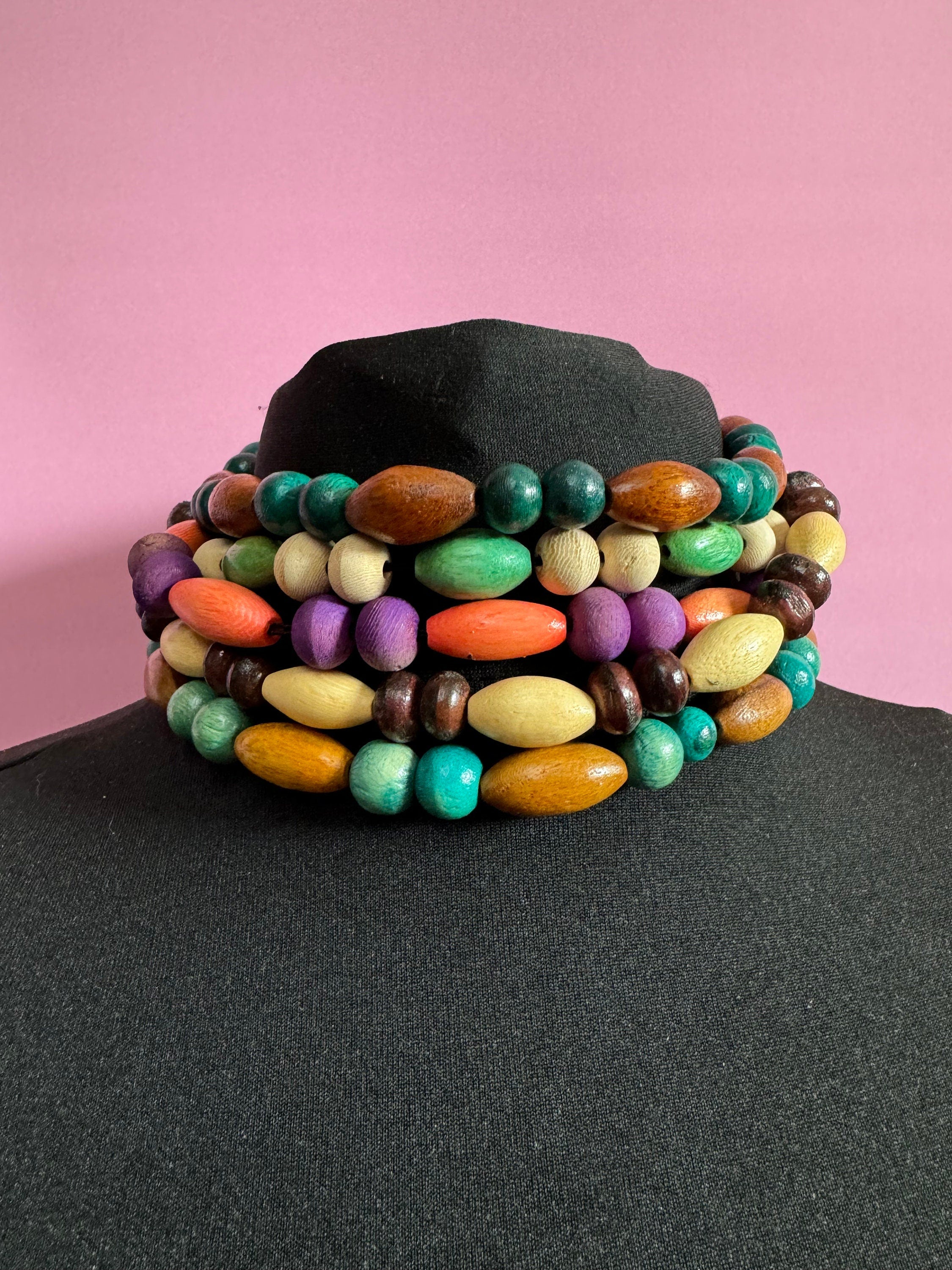 Retro teal green blue and beige brown wooden natural beaded stretch choker necklace boho festival jewellery range