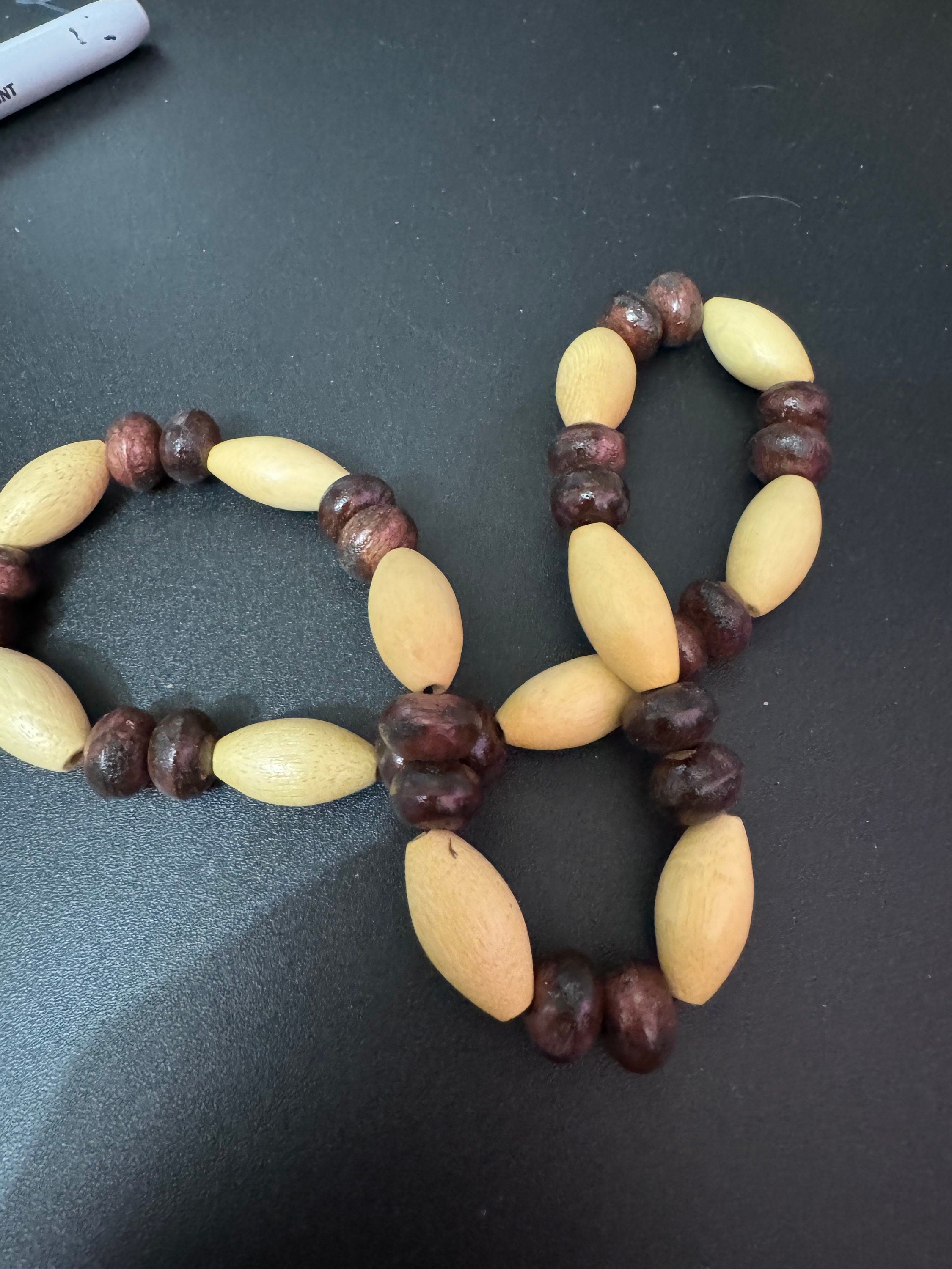 Retro beige and dark brown wooden natural oval beaded stretch choker necklace boho festival jewellery range